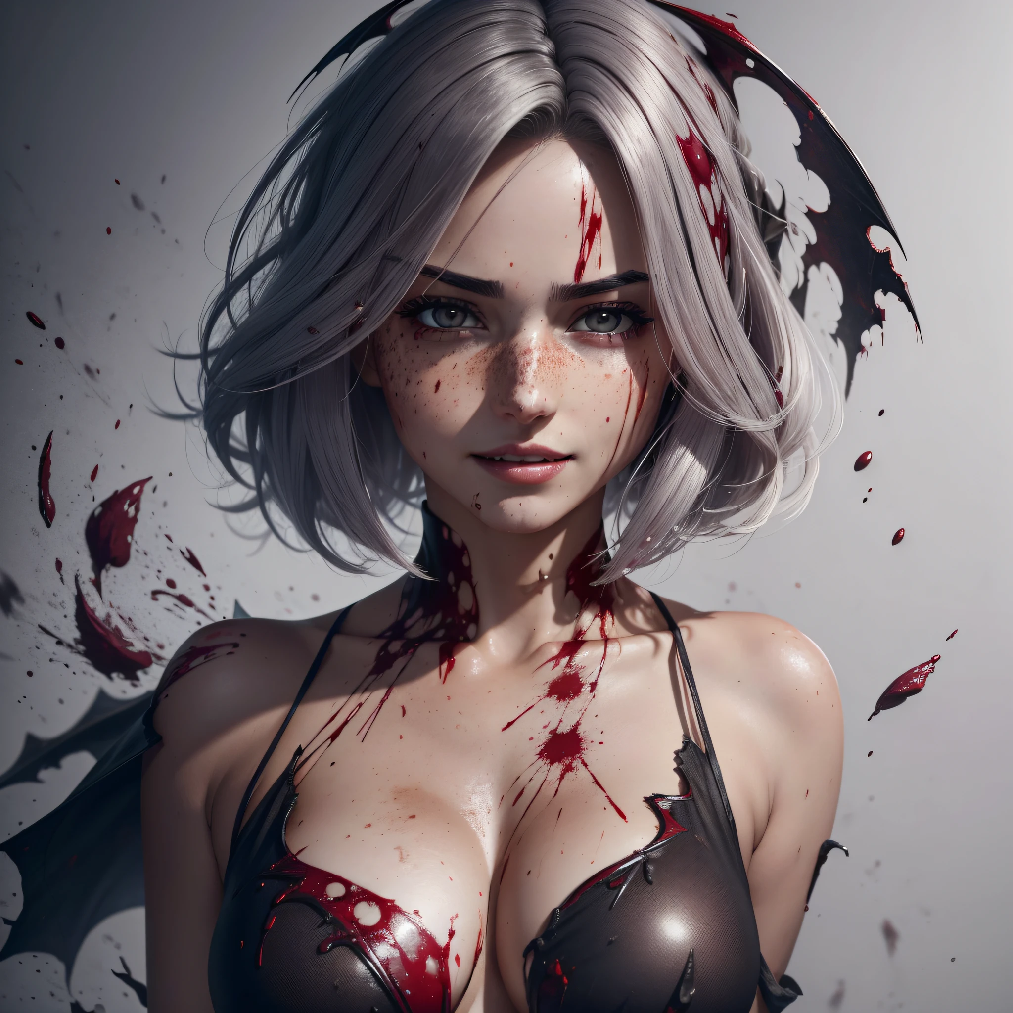 ((ana de armas, vampire)), maroon blood leaking, thick white hair, breasts covered with maroon blood, calm facial expression, relaxed, ((gentle smile)), ((blood instead of clothes, no clothes)), small breasts, ((relaxed face)), relaxed shoulders, dynamic pose, liquid details, black background, no background, no frame, thick blood splatter, extreme detail, 3d, 8k, details, blood splatter on the face, short voluminous hair, complex face, extreme face details, light wrinkles and freckles