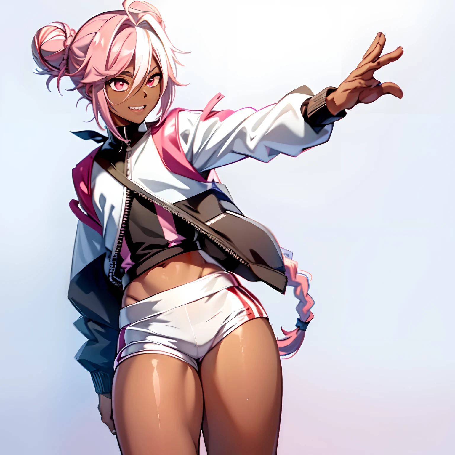 ((anime boy )), ((androgynous)),((dark skin)), ((long white hair with pink streaks)),(( hair Styled into a Bun and braided ponytail )),((Red eyes)) , (Tall),(thin, average hips),(White half jacket), ((hot pink Crop top)) ,(Skimpy white shorts) , evil aura, crazy smile , ((Pop Idol)) , ((yandere: 1.5)), ((Masterpiece)), High Aesthetic, ((high quality )),((1boy, Solo))huge ass, hyper thighs, bottom heavy
