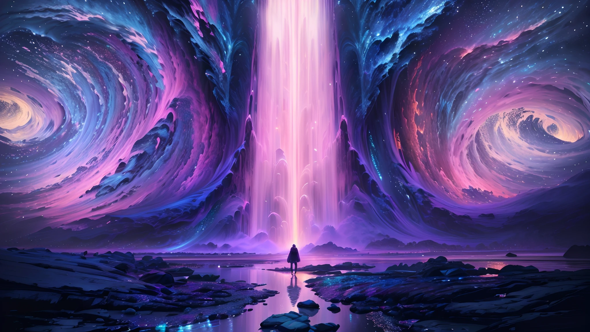 Draw a person standing in front of a waterfall，colourful light, Beautiful art UHD 4 K, 8K stunning artwork, 8K HD wallpaper digital art, 4k highly detailed digital art, jen bartel, Digital artwork 4 K, Concept art wallpaper 4K, digital art widescreen 8 k, 4K detailed digital art, 4 k hd illustrative wallpaper