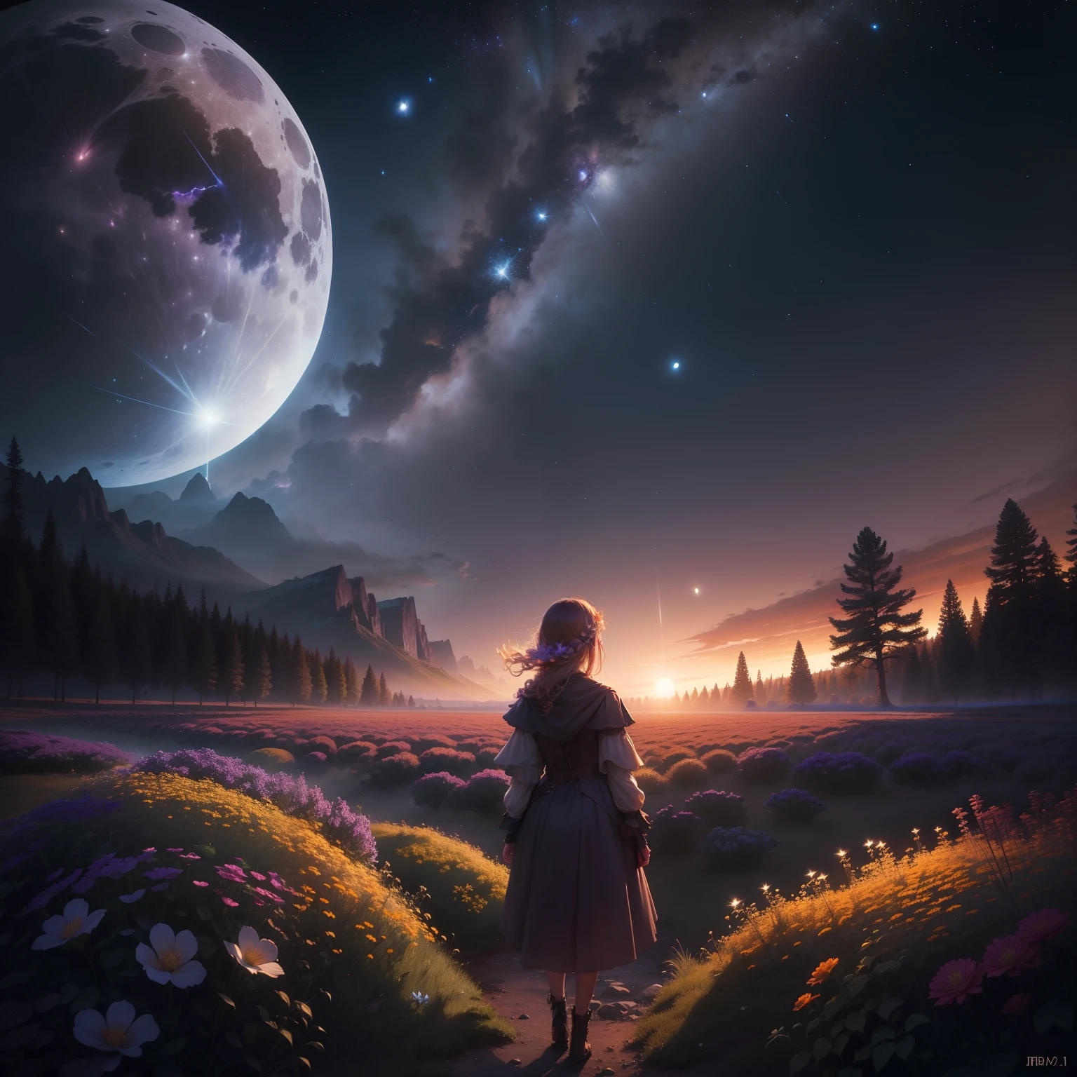 Expansive landscape photograph, (view from below with a view of the sky and wilderness below), girl standing in a flower field looking up, (full moon: 1.2), (shooting star: 0.9), (nebula: 1.3), distant mountain, tree break production art, (warm light source: 1.2), (firefly: 1.2), lamp, purple and orange, intricate detail, volume lighting, realism break (masterpiece: 1.2) (Best Quality), 4K, Ultra-Detailed, (Dynamic Configuration: 1.4), Highly Detailed and Colorful Details, (Iridescent Colors: 1.2), (Glowing Lighting, Atmospheric Lighting), Dreamy, Magical, (Solo: 1.2)