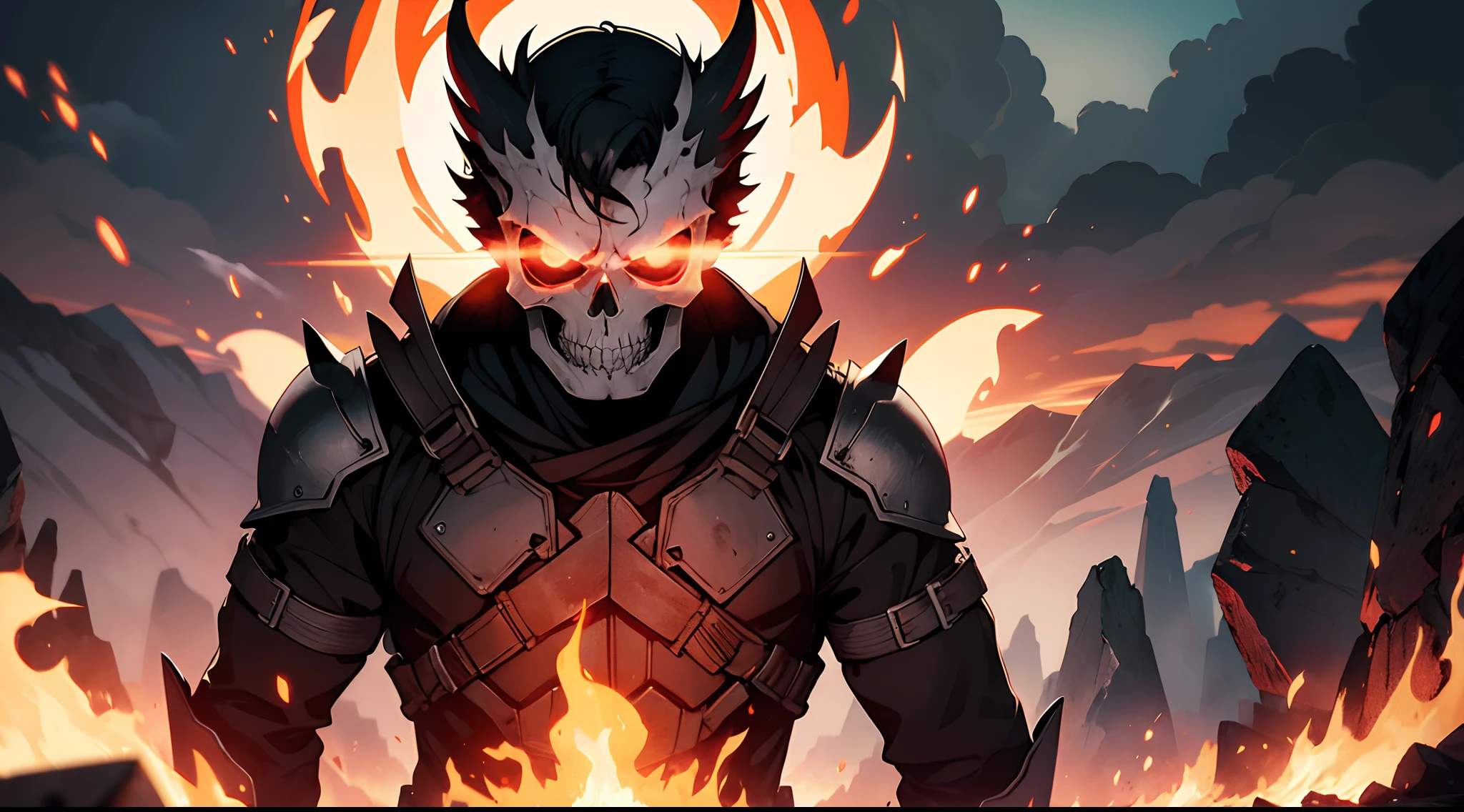 Body standing in ashes, (illustration style), skull face, olhando para cima, boca aberta, fogo saindo, fogo ao seu redor, a lot of fire mist,