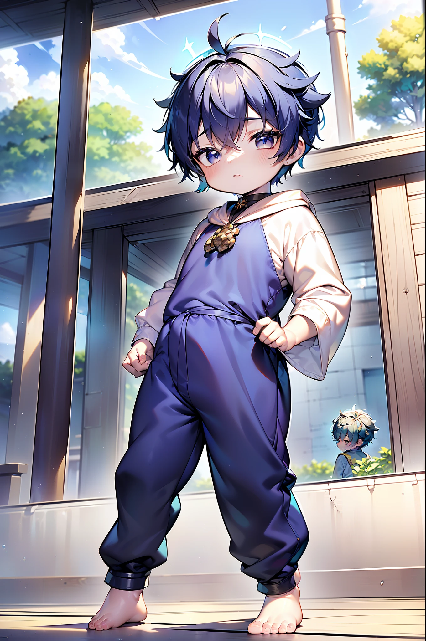 4k, (Masterpiece:1),  boy with blue colored hair and shiny, glowing cyan eyes and barefoot, standing on field, epic, cinematic, young, boy, child,l, toddtiny fe, focus on feet, feet, blushing, (Young:1.4), (Child:1.4), (Shota:1.4), (male:1.4), (boy:1.4), (divine clothes:1.4), (epic:1.4), (posing:1.4), (cinematic:1.4),