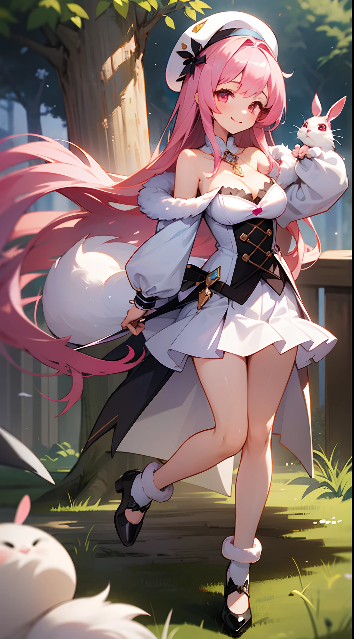 1 girl, game CG, white clothes, cleavage visible, shoulders visible, white short skirt, small white beret, jewel pendant, black shoes, gigantic breasts, pink hair, long hair, straight hair, princess hairstyle, idiot fur, pink eyes, smile, rabbit, squirrel, animals, wariza, tree,