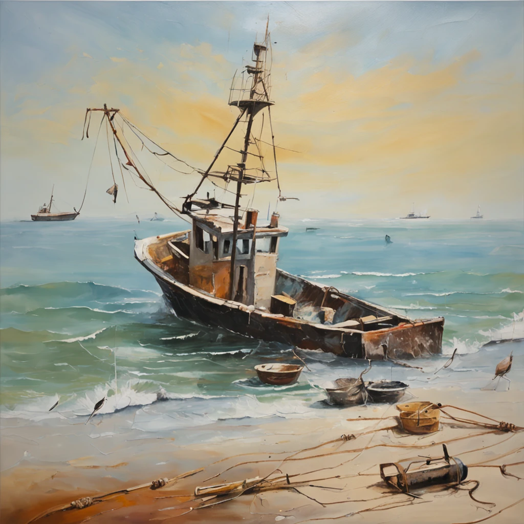 A fishing boat, wooden, old, weathered, anchor dropped, sandy beach, calm sea, clear sky, seagulls, fishing nets, fishing poles, fisherman, fish cleaning table, rusted metal buckets, seashells, waves gently crashing, seagull perched on the mast, distant lighthouse, horizon, peaceful, serene, shoreline, coastal, scenic view.