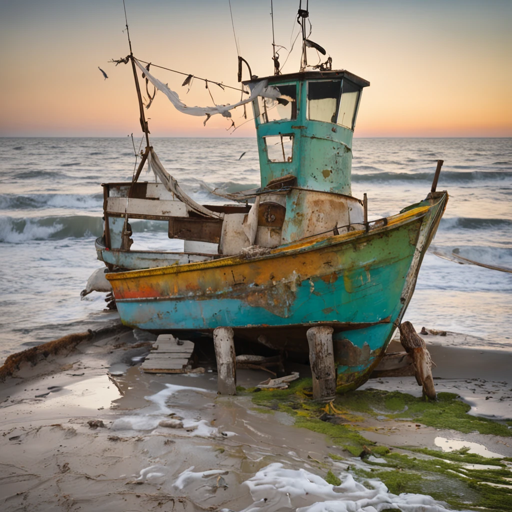 A fishing boat, wooden, old, weathered, anchor dropped, sandy beach, calm sea, clear sky, seagulls, fishing nets, fishing poles, fisherman, fish cleaning table, rusted metal buckets, seashells, waves gently crashing, seagull perched on the mast, distant lighthouse, horizon, peaceful, serene, shoreline, coastal, scenic view.