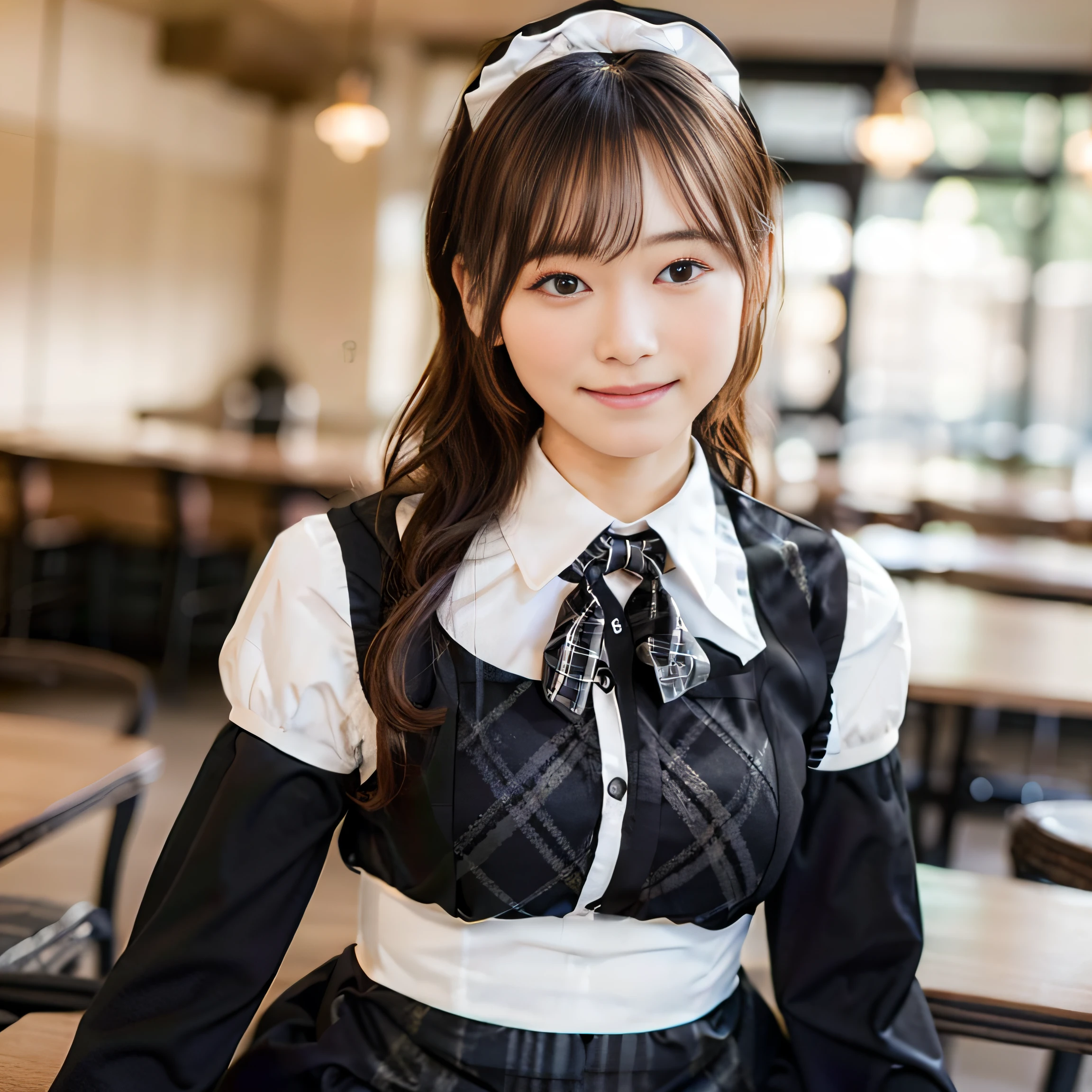 in 8K,Best Quality:1.4, 超A high resolution:1.5, (Photorealistic:1.4),masterpiece:1.2,(top-quality:1.4)、 Raw photo、 (the background is blurred), 1日本人の女の子, Cute, (Solo:1.4), (Shy smile), Smooth skin、 (Brown medium hair,Bangs),nogizaka,Supple fingertips,Beautiful black eyes、dual、natural skin textures:1.3, realistic eyes and face details:1.7、middlebreasts、during daytime、Toned buttocks:1.5、gazing at viewer,Photographer peeking behind his back.5Take a step back,Delighted, Cheerful,(maid:1.2),Bow,Long sleeves, Black sleeves,(Long tights with black plaid:1.5),Maid headdress,maid apronl,cafeteria,Upper body:1.5,(detailed hairs:1.1), (Detailed eyes:1.1)