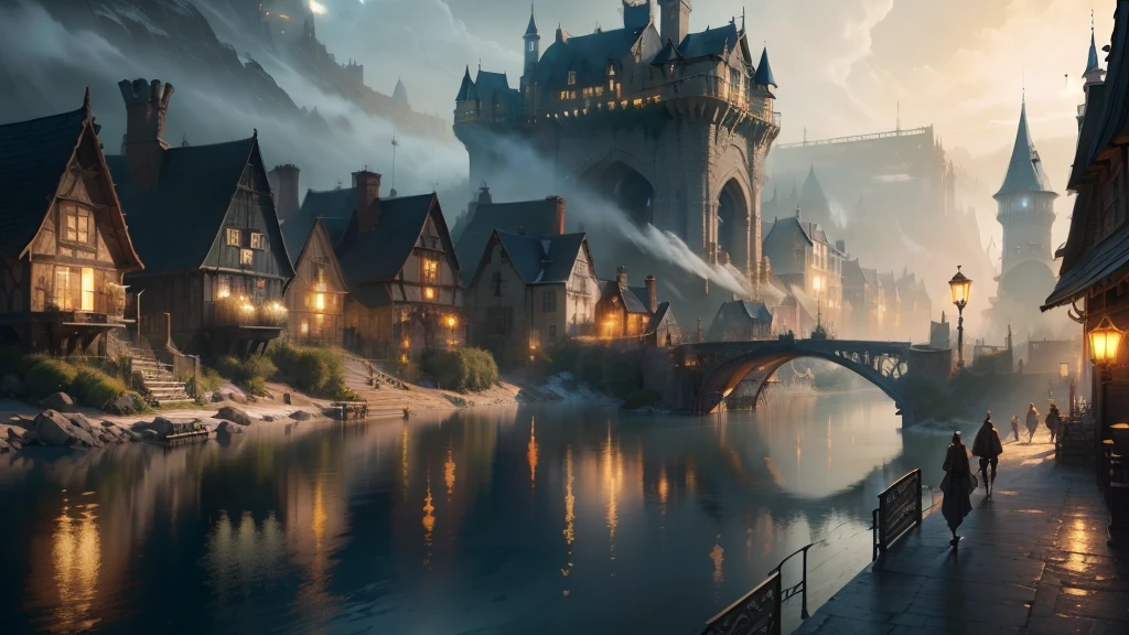 there is a painting of a town with a bridge and a river, medeival fantasy town, steampunk villages castles, fantasy town setting, by Aleksander Gine, painterly concept art, flintlock fantasy capital city, beautiful concept art, detailed 4k concept art, andreas rocha style, detailed digital concept art, beautiful detailed concept art, concept art stunning atmosphere