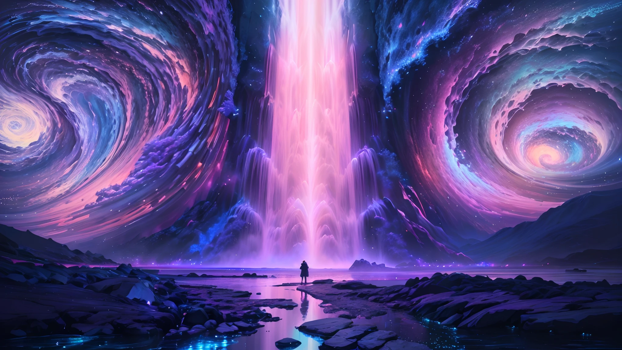 Draw a person standing in front of a waterfall,colourful light, Beautiful art UHD 4 K, 8K stunning artwork, 8K HD wallpaper digital art, 4k highly detailed digital art, jen bartel, Digital artwork 4 K, Concept art wallpaper 4K, digital art widescreen 8 k, 4K detailed digital art, 4 k hd illustrative wallpaper