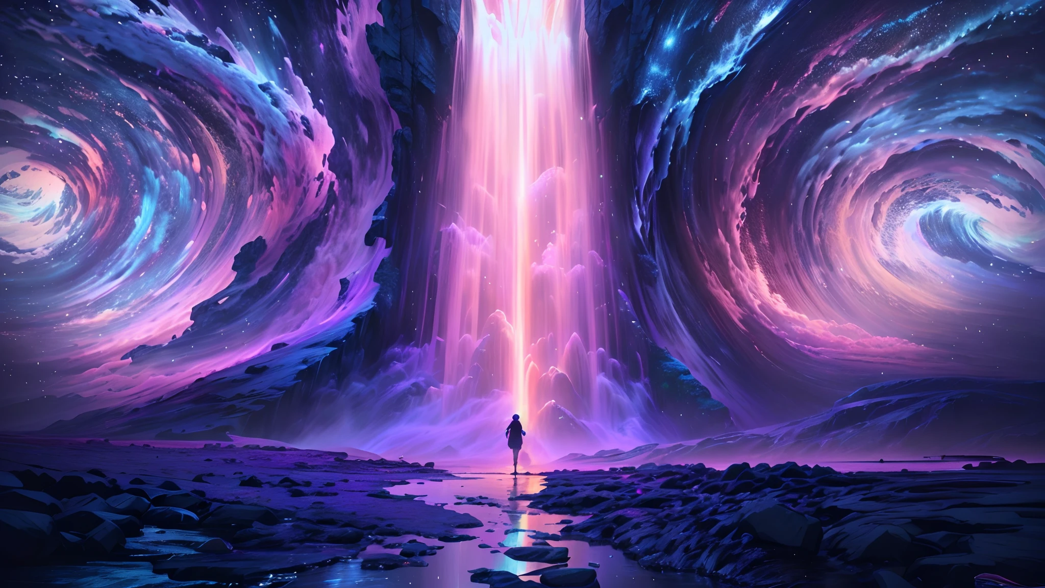 Draw a person standing in front of a waterfall,colourful light, Beautiful art UHD 4 K, 8K stunning artwork, 8K HD wallpaper digital art, 4k highly detailed digital art, jen bartel, Digital artwork 4 K, Concept art wallpaper 4K, digital art widescreen 8 k, 4K detailed digital art, 4 k hd illustrative wallpaper