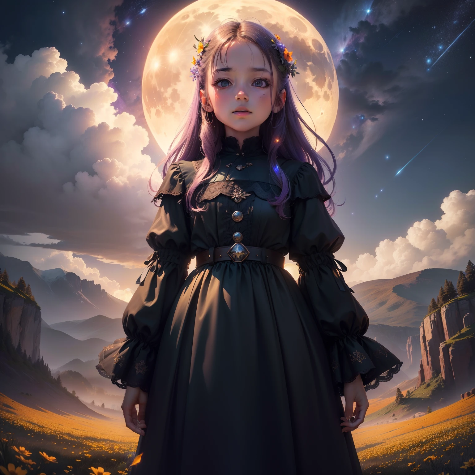 Expansive landscape photograph, (view from below with a view of the sky and wilderness below), little girl standing in a flower field looking up, (full moon: 1.2), (shooting star: 0.9), (nebula: 1.3), distant mountain, tree break production art, (warm light source: 1.2), (firefly: 1.2), lamp, purple and orange, intricate detail, volume lighting, realism break (masterpiece: 1.2) (Best Quality), 4K, Ultra-Detailed, (Dynamic Configuration: 1.4), Highly Detailed and Colorful Details, (Iridescent Colors: 1.2), (Glowing Lighting, Atmospheric Lighting), Dreamy, Magical, (Solo: 1.2)
