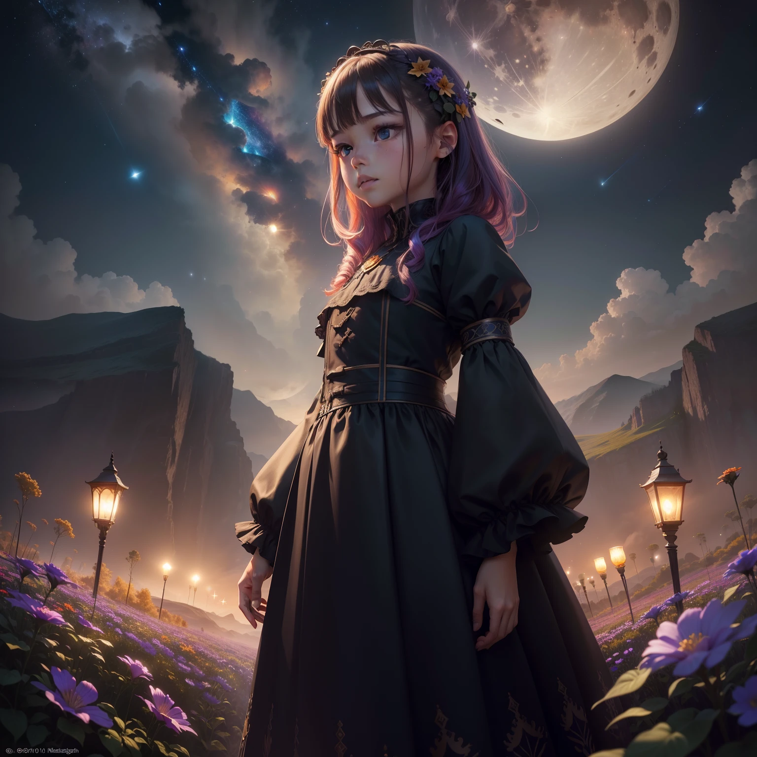 Expansive landscape photograph, (view from below with a view of the sky and wilderness below), standing in a flower field looking up, (full moon: 1.2), (shooting star: 0.9), (nebula: 1.3), distant mountain, tree break production art, (warm light source: 1.2), (firefly: 1.2), lamp, purple and orange, intricate detail, volume lighting, realism break (masterpiece: 1.2) (Best Quality), 4K, Ultra-Detailed, (Dynamic Configuration: 1.4), Highly Detailed and Colorful Details, (Iridescent Colors: 1.2), (Glowing Lighting, Atmospheric Lighting), Dreamy, Magical, (Solo: 1.2)