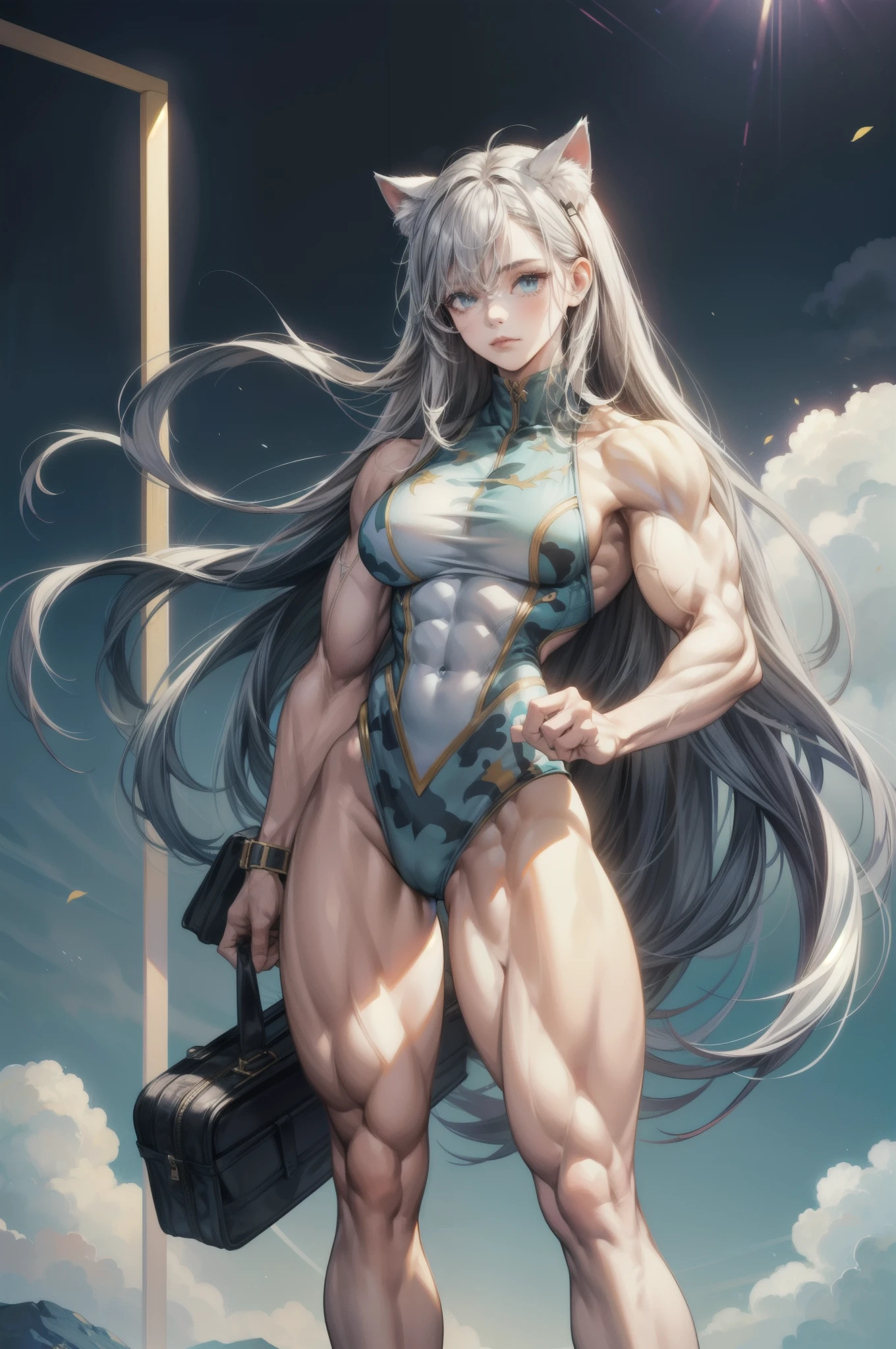 (BEST lighting) , (ultra intricately detailed) , 4K unification, (super-detailed CG: 1.2) , (8K: 1.2),(Original), (Masterpiece) , (Best quality),(Masterpiece:1.4),Anime-ish high quality,(Masterpiece),Masterpiece, Super clear picture quality,Clearer than movies,(Fine face)Best quality, absurderes,((masterpeace, 4K, 8K, Yes, A high resolution))1girll, schoolgirls,She is in the steppe,Cat cat ears,standing on your feet,Leaning sideways,Exposing the abdomen,camouflage uniform,There are bulges of dense veins on the arms,Spring, Boots, Perfect figure, Long silver hair, Dynamic pose,Legs exposed,Strong leg muscles ((body builder:1.5)),grassland background,(Beautiful bace),(Girl),(Female),(((Upper body:1)))
