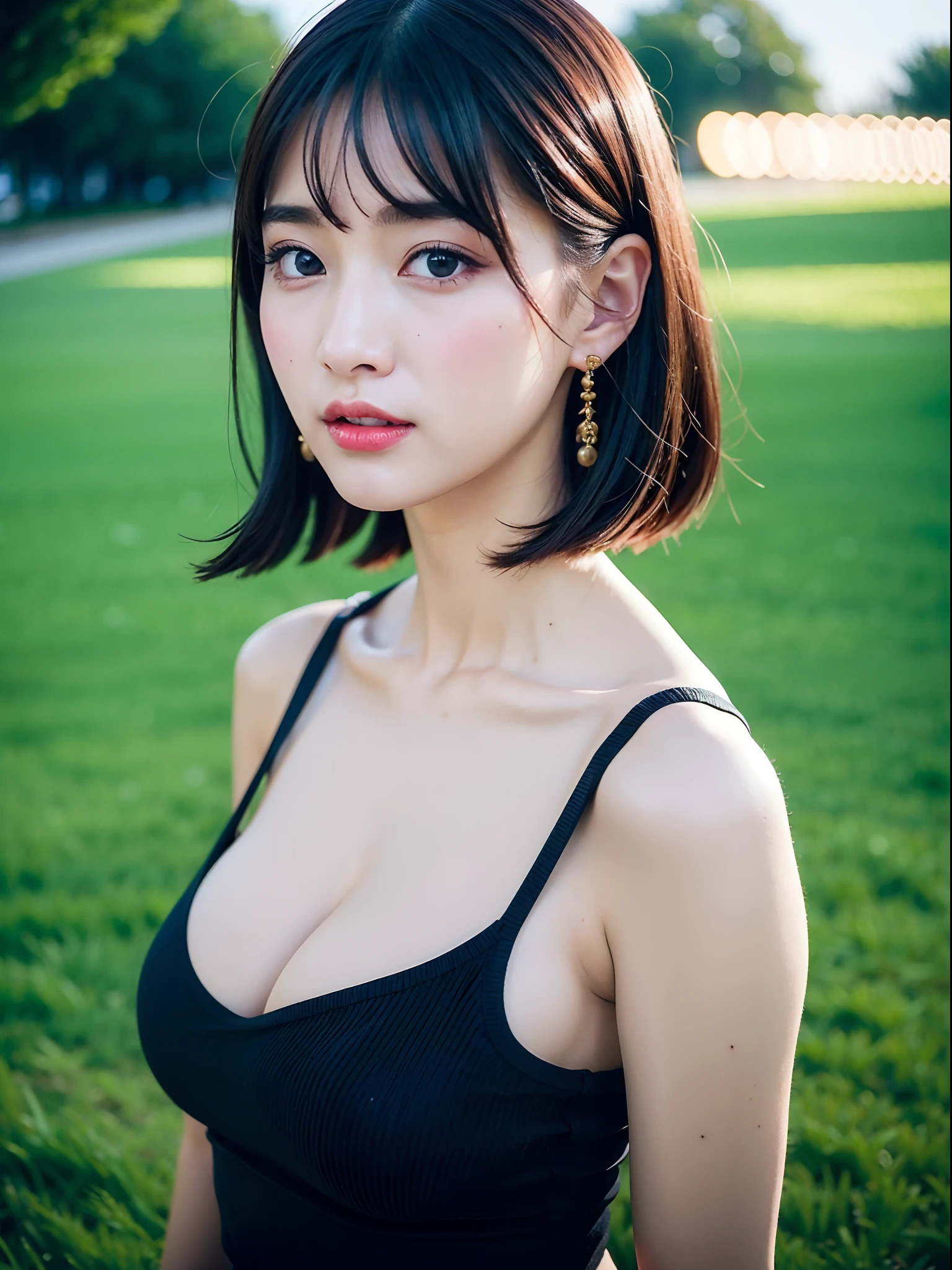 (Top image quality, 8K, ​masterpiece), top-quality, 超A high resolution, a beauty girl, 18year old, Upper body portrait, From  above, Concrete wall in the background, Happy look, 二重まぶた, Detailed eyes, A detailed face, Black embroidered underwear, large full breasts:1.7, Black hair color, Hairstyle Random, dynamic compositions, Cinematic lighting, Professional Lighting, Photorealsitic, real looking skin, nffsw, The overall atmosphere is enchanting and erotic, yet、Gives a unique artistic touch。Vivid tones stand out, Evokes visual stimuli and aesthetic sensations, It is full of erotic charm that excites the viewer。 Create high-quality pieces that weave spectacular situational elements into a bright healing world。Her charming figure and fantastic and magnificent background、It will make a deep impression on the viewer as a unique work of art.。