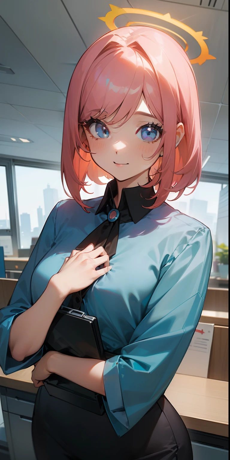 ((obra-prima, melhor qualidade)), (1girl),((matural female)), cabelo rosa claro, halo, chifre, ((office lady)), franja, mid chest, (peituda), magro, sorriso, [quadris largos ],s office,standingn, aru \(arquivo azul\),
 INFO