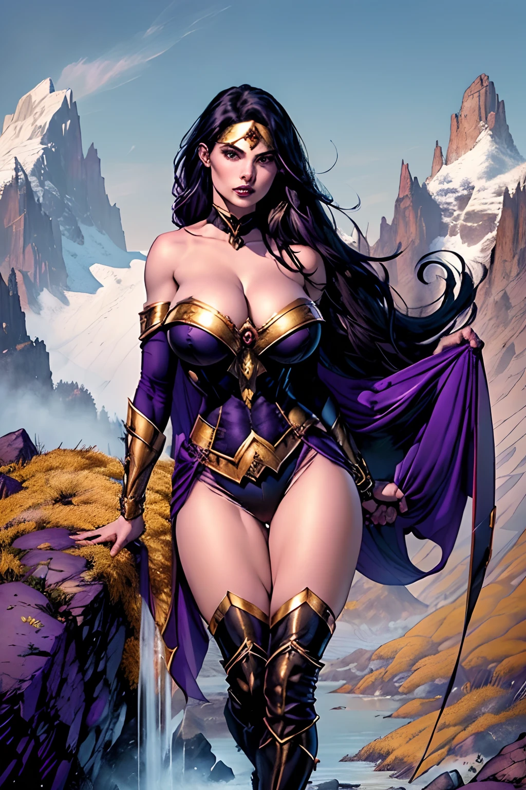 (masterpiece, top quality, best quality, official art, beautiful and aesthetic:1.2), (1girl:1.3), ((long black hair)), (((pale purple skin, pale blue skin, blue skin, purple skin))), extremely detailed, portrait, looking at viewer, solo, (full body:0.6), detailed background, close up, (cold night mountain theme:1.1), dark elf war dancer, charlatan, smirk, mysterious, swaying in mountains, skimpy attire, revealing gladiatrix costume, gold bikini, circlet, cowl, metal bikini, long boots, dual knives, violet fabric, black leather, ((((gigantic breasts, cleavage, skindentation)))), slim waist, slim hips, long legs, medieval (mountain exterior:1.1) background, dark mysterious lighting, shadows, magical atmosphere, dutch angle