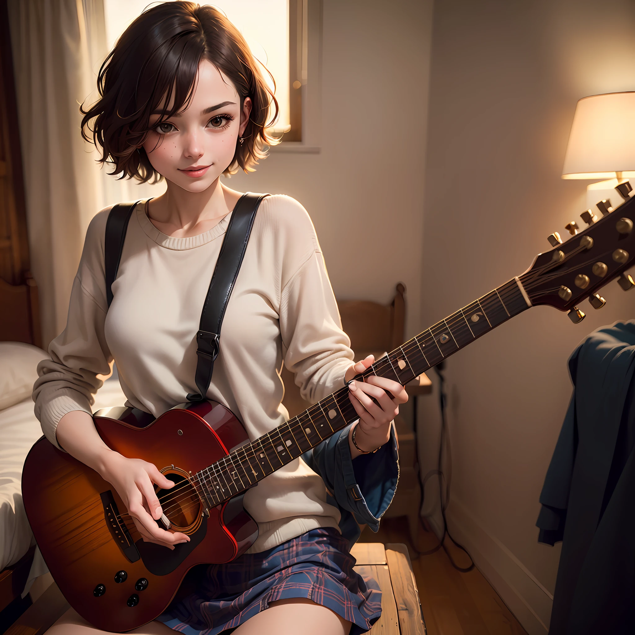 ((Need)), ((tmasterpiece)), (A detailed),Bedrooms,Cosy,Gentle,Girl with short hair plays guitar,ssmile,Plaid shirt, (A high resolution:1.2)
