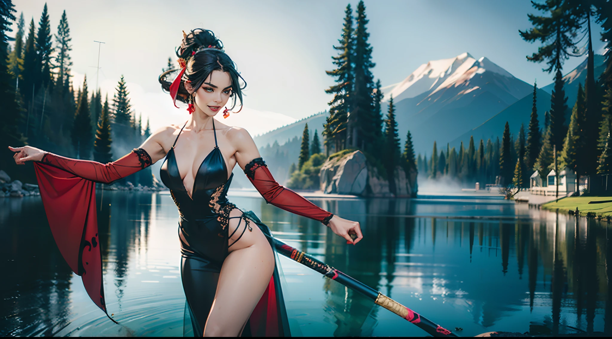 In the illustration of this super-grand scene,We enjoyed a fascinating sight,Various scenarios of the multiverse come together。In this intoxicating exterior,We see a mysterious vampire princess,She wore a black robe and was half-dressed,Graceful,Dance on the water。Her dancing magic keeps her costumes changing,Blend in with the beauty of the surroundings,Adds an unpredictable charm to the whole scene。The dance of the vampire princess is intoxicating,Her rainbow bat wings fluttered behind her like a flying carpet。This wing consists of different styles、colours、Made from small parts of materials and styles,The trailing tail is long and beautiful。Her dancing trajectory is accompanied by the glare effects of neon lights and magical stars,Blend in with your surroundings,Creates a stimulating atmosphere for the senses。The Vampire Princess has an overtall body and an oversized curve of explosions,Her body features are full of seductive sexiness。Her physical appearance includes super-large breasts、Narrowed sternum、Red giant Kaziran gemstone pupils with both eyes、Charming face、The evil and crazy smile revealed the cute little tiger teeth、Makeup、Slender neck、Beauty collarbone、Slender arms、Slender waist and abdomen、Sexy butterfly buttocks and slender long legs,Showcases attractive curves and lines。Use Midjourney's advanced brush tools、Color palettes and texture packs,We are skin for vampire princesses、The costume and bat wings give intricate textures,Added realism。Her costumes and capes are a fusion of different materials,Show a variety of styles,From evening dresses to princess dresses to bikinis and tulle,Full of creativity and fashion。The whole scene is also full of dreamy elements,There is an atmosphere of futuristic technology in the starry sky,There are towering cities in the ground,There are long beaches and small islands on the sea,Plants and fairy tale mythological scenes are intertwined。The Vampire Princess's dance moves echo the environmental elements,Be creative。Thro