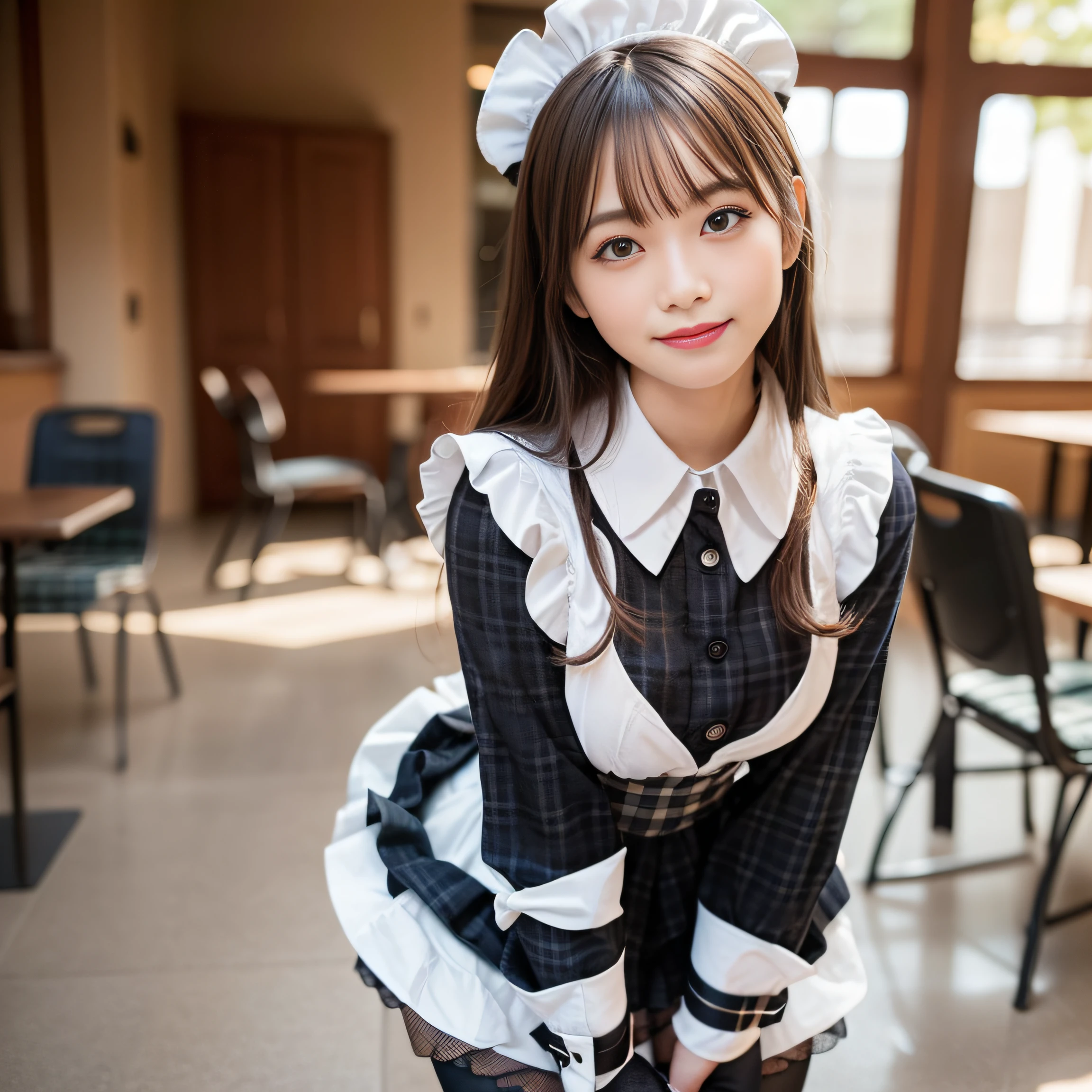 in 8K,Best Quality:1.4, 超A high resolution:1.5, (Photorealistic:1.4),masterpiece:1.2,(top-quality:1.4)、 Raw photo、 (the background is blurred), 1日本人の女の子, Cute, (Solo:1.4), (Shy smile), Smooth skin、 (Brown medium hair,Bangs),nogizaka,Supple fingertips,Beautiful black eyes、dual、natural skin textures:1.3, realistic eyes and face details:1.7、middlebreasts、during daytime、Toned buttocks:1.5、gazing at viewer,Photographers5Step back, Cheerful,(maid:1.2),Bow,Long sleeves, Black sleeves,(Long tights with black plaid:1.5),Maid headdress,maid apronl,cafeteria,Upper body:1.8,(detailed hairs:1.1), (Detailed eyes:1.1)