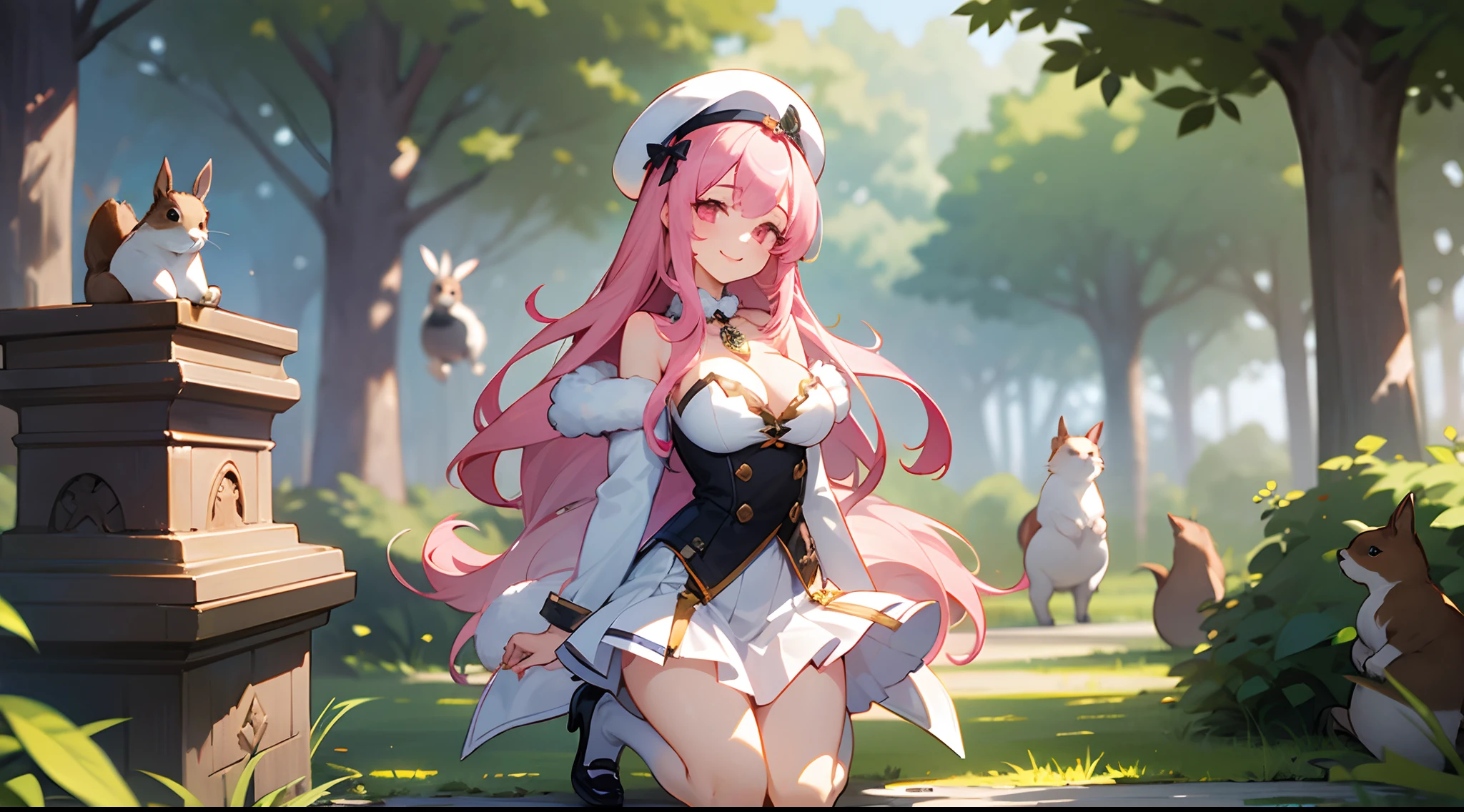 1 girl, game CG, white clothes, cleavage visible, shoulders visible, white short skirt, small white beret, jewel pendant, black shoes, gigantic breasts, pink hair, long hair, straight hair, princess hairstyle, idiot fur, pink eyes, smile, rabbit, squirrel, animals, wariza, tree,