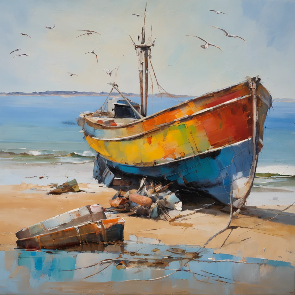 1 fishing boat, beached, wooden boat, worn and weathered, colorful sails, nets, fishing equipment, seagulls, sandy beach, calm sea, distant island, rocky shoreline, waves, sunny day, clear sky, reflections, seashells, lighthouse, seabirds, tranquility, coastal scenery, peaceful, relaxing atmosphere.