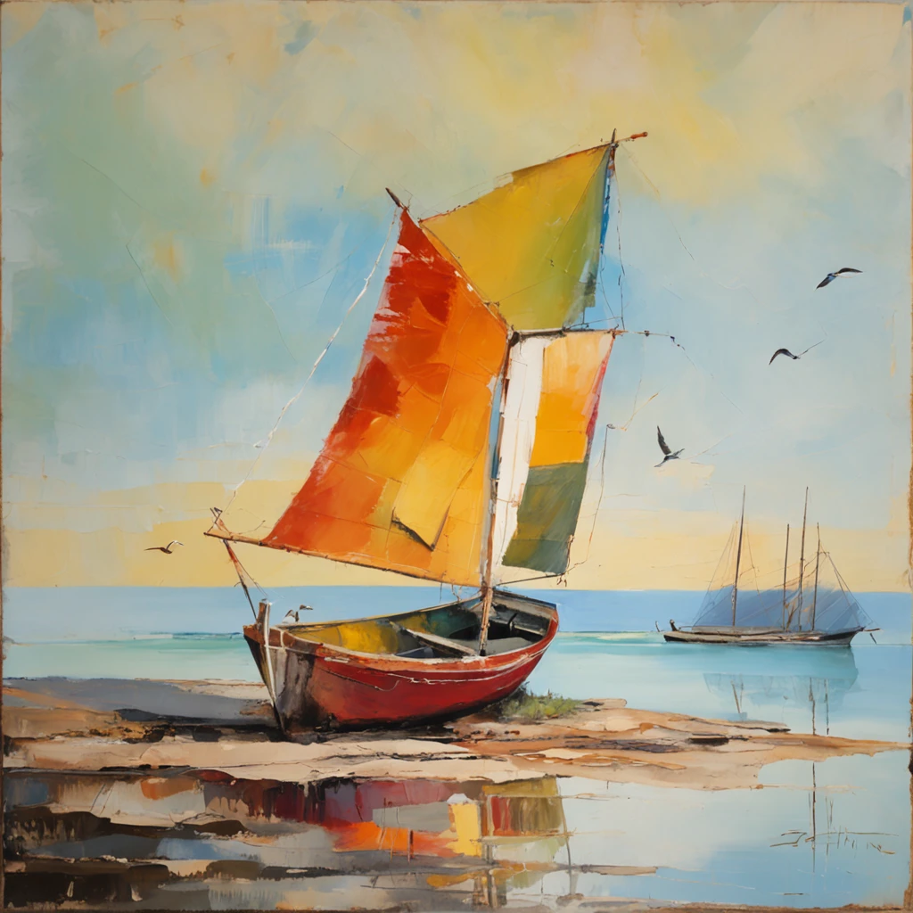 1 fishing boat, beached, wooden boat, worn and weathered, colorful sails, nets, fishing equipment, seagulls, sandy beach, calm sea, distant island, rocky shoreline, waves, sunny day, clear sky, reflections, seashells, lighthouse, seabirds, tranquility, coastal scenery, peaceful, relaxing atmosphere.