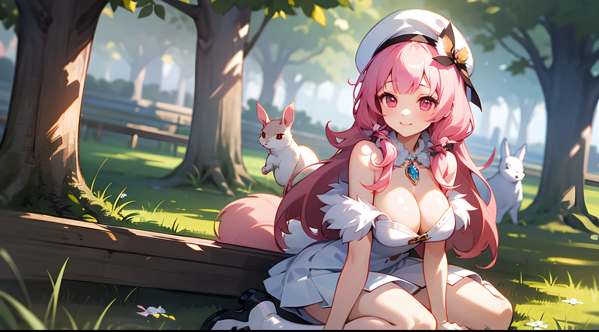 1 girl, game CG, white clothes, cleavage visible, shoulders visible, white short skirt, small white beret, jewel pendant, black shoes, gigantic breasts, pink hair, long hair, straight hair, princess hairstyle, idiot fur, pink eyes, smile, rabbit, squirrel, animals, wariza, tree,