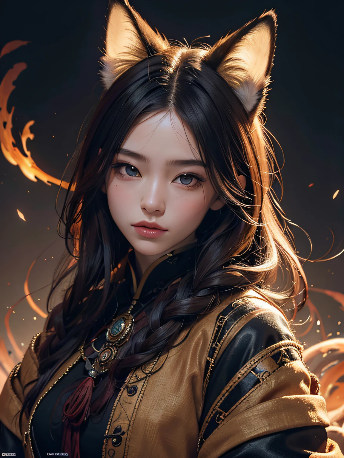 1girl, solo, official art, unity 8k wallpaper, ultra detailed, beautiful and aesthetic, masterpiece, best quality, photorealistic, Kitsune witch, fox mask, haori jacket, (foxfire spell), fox familiar, transformation, depth of field, Fantastical Atmosphere, Calming Palette, Tranquil Mood, Soft Shading (zentangle, mandala, tangle, entangle:0.7) abstract background, the most beautiful form of chaos, elegant, a brutalist designed dark theme