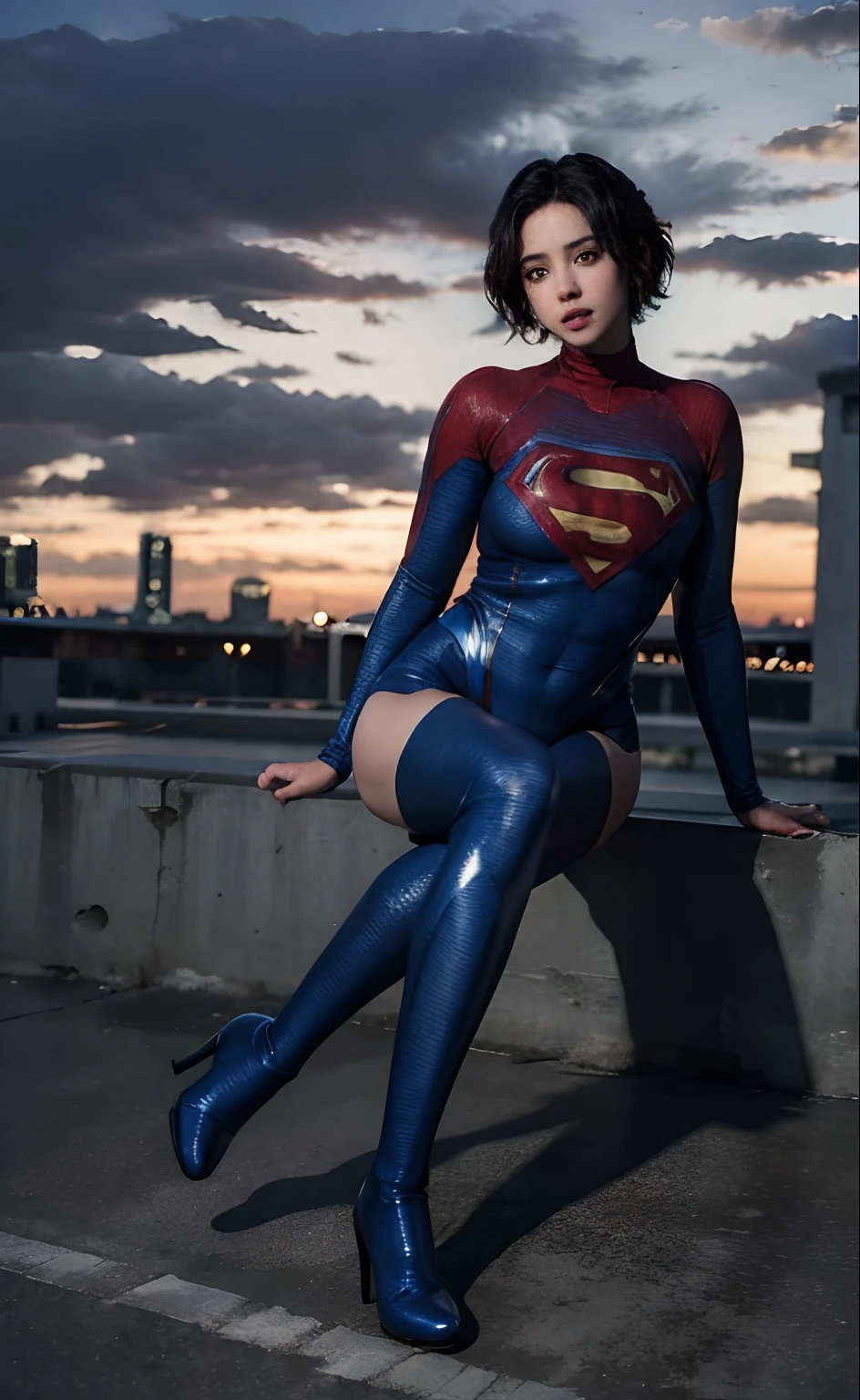 1girl, (twilight), short hair, 
(looking at viewer,( lip biting )), supergirl, cityscape, (flying),blue sky,cloud,parted lips,blue tights and boots,
intricate details,highly detailed,shiny hair,shiny skin,8k resolution,( full body)