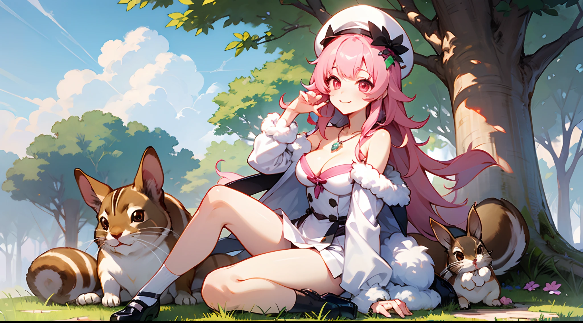 1 girl, game CG, white clothes, cleavage visible, shoulders visible, white short skirt, small white beret, jewel pendant, black shoes, gigantic breasts, pink hair, long hair, straight hair, princess hairstyle, idiot fur, pink eyes, smile, rabbit, squirrel, animals, wariza, tree,