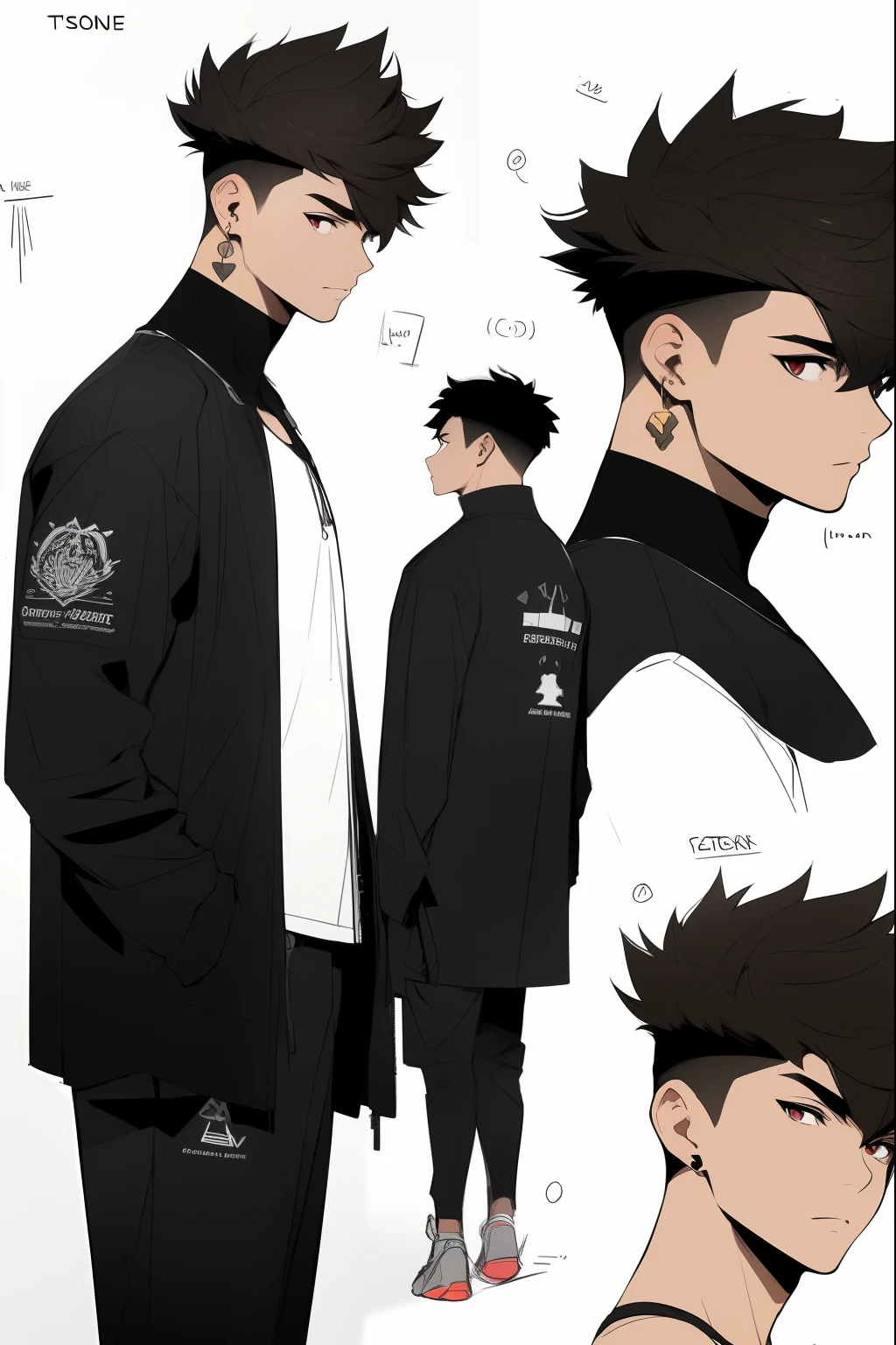 ((masterpiece)),(((best quality))),(character design sheet, same character, front, side, back), illustration, 1man , black jacket over a full white shirt , black ClothMask , black hair , red eyes , black pushed back hair , [ full Black jacket over a full white shirt ] , black gloves , [ black ClothMask ] , white background , MALE , MALE , BOY , BLACK JACKET OVER A WHITE SHIRT , PUSHED BACK HAIRCUT