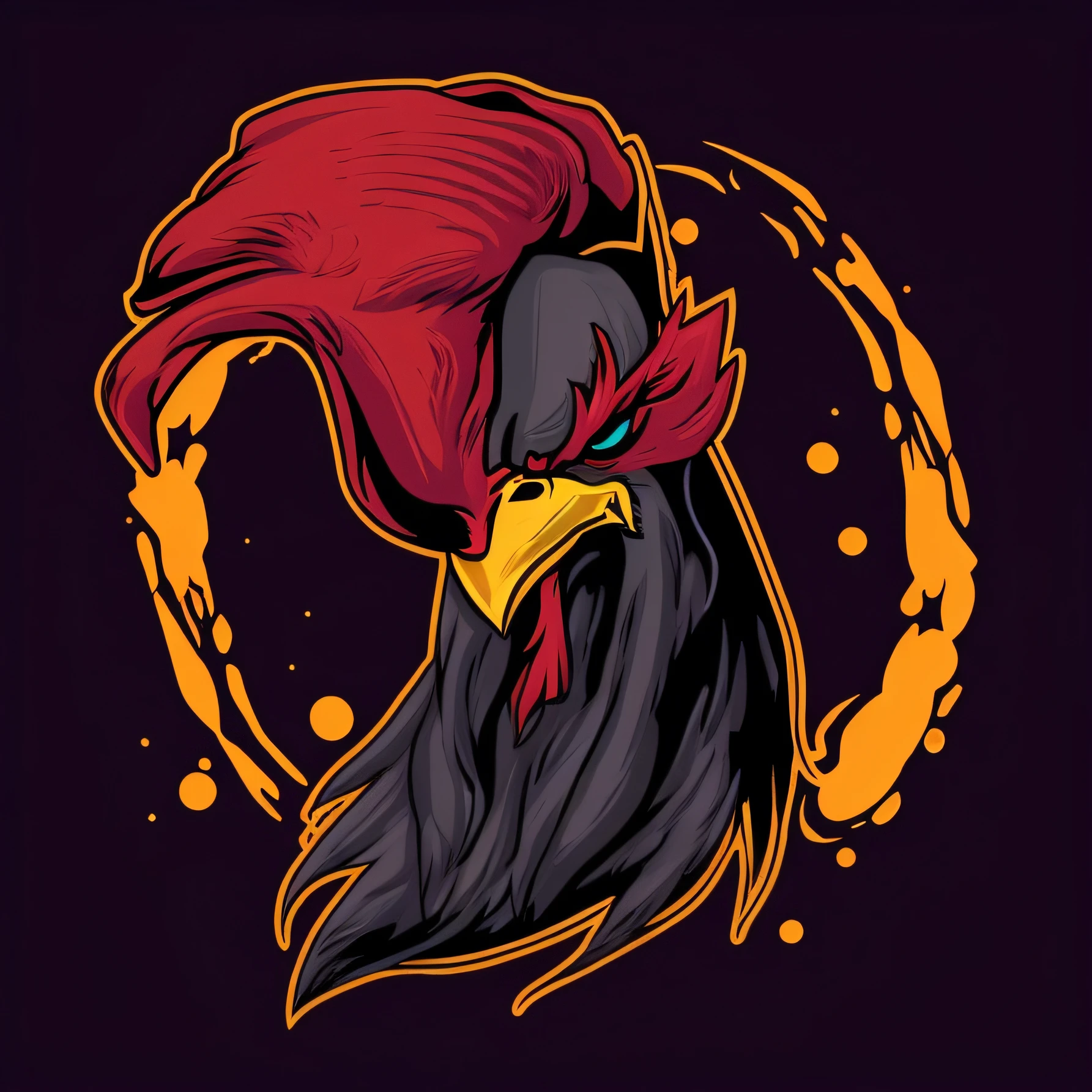 A black and red rooster with a red head and a yellow beak - SeaArt AI