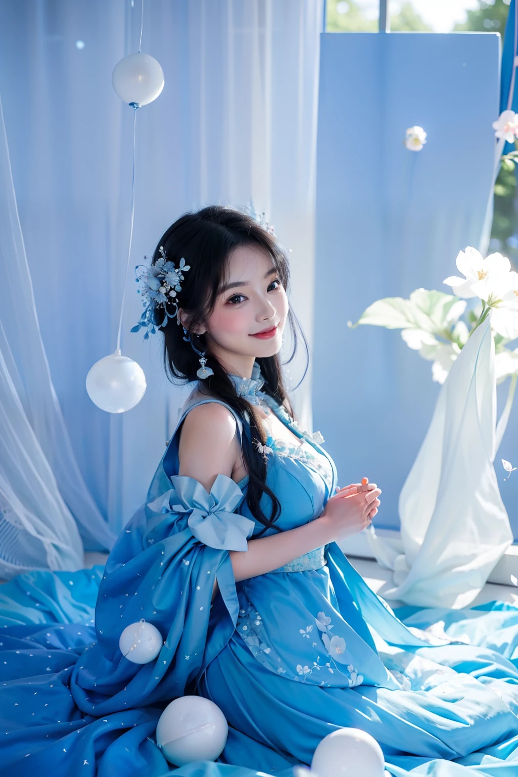 Alfeld asian girl poses in blue dress, chiho, shaxi, Yoshitomo Nara, Ethereal beauty, Ethereal!!!!!!!, Official artwork, shikamimi, cutecore, smiling as a queen of fairies, 8K)), portrait of magical lolita girl, Lu Ji, inspired by Ma Yuanyu