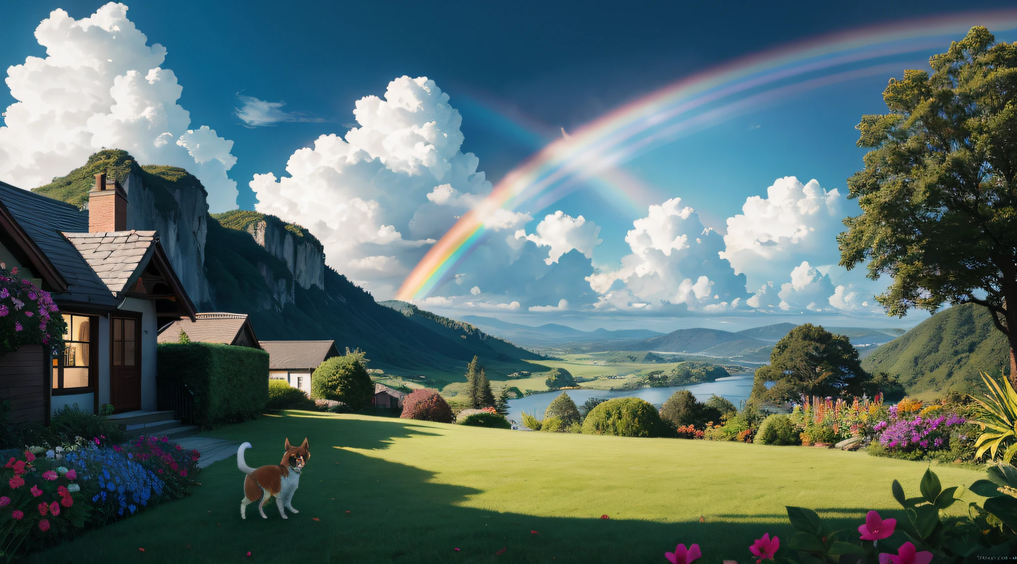 A papillondog puppy is lying on the lawn in the living room, all in the amazing outdoors view, beautful view, octane render a lonely rainbow, amazing view, great masterpiece, masterpiece work of art, Just one rainbow 8 K, personal room background, Rainbow BG, On a scenic background, wonderful masterpiece, Idyllic backyard setting, imagem hiperrealista, imagem hiperrealista,realisitic、64k