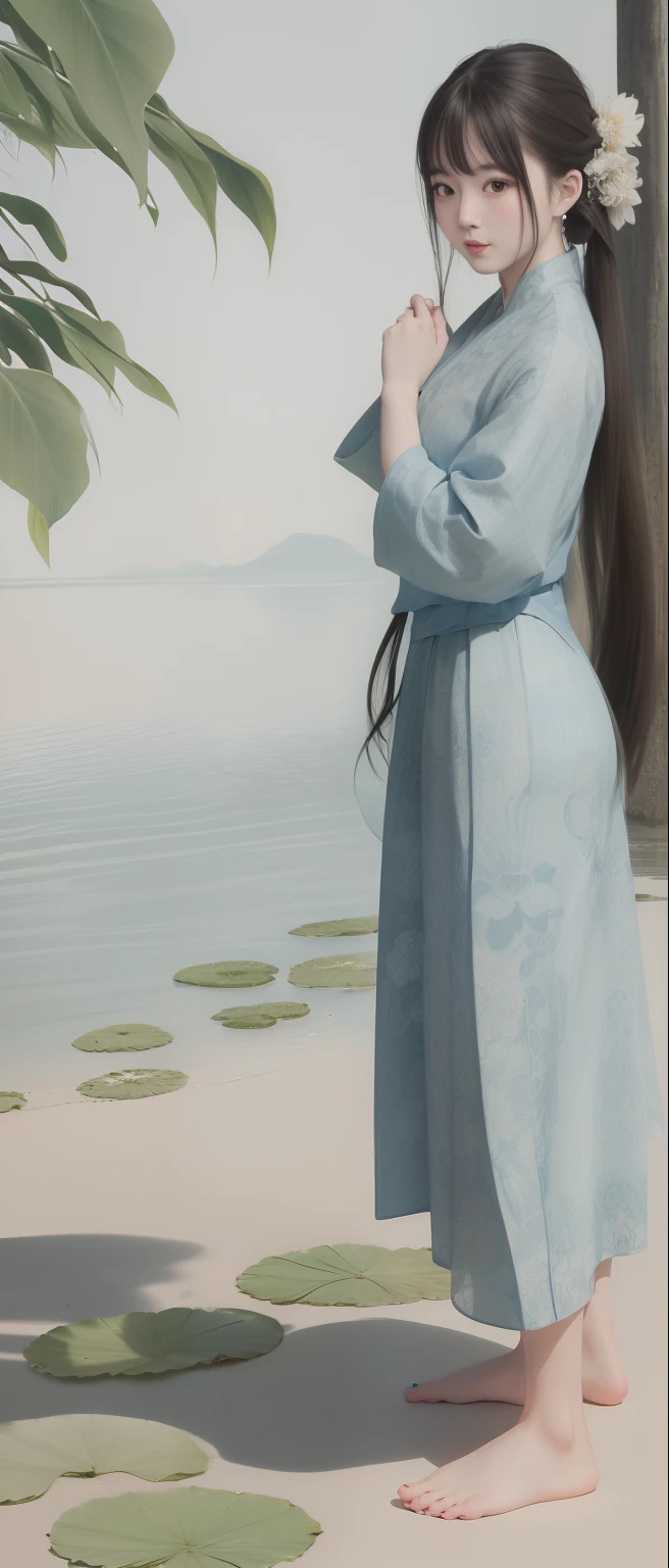 ((4k, tmasterpiece, Best Picture Quality)), Ink wind, Traditional chinese painting, lotuses, Hanfu, long  skirt, Conservative attire, byself, blue long hair, ssmile, standing on your feet, feet in water, The barefoot。