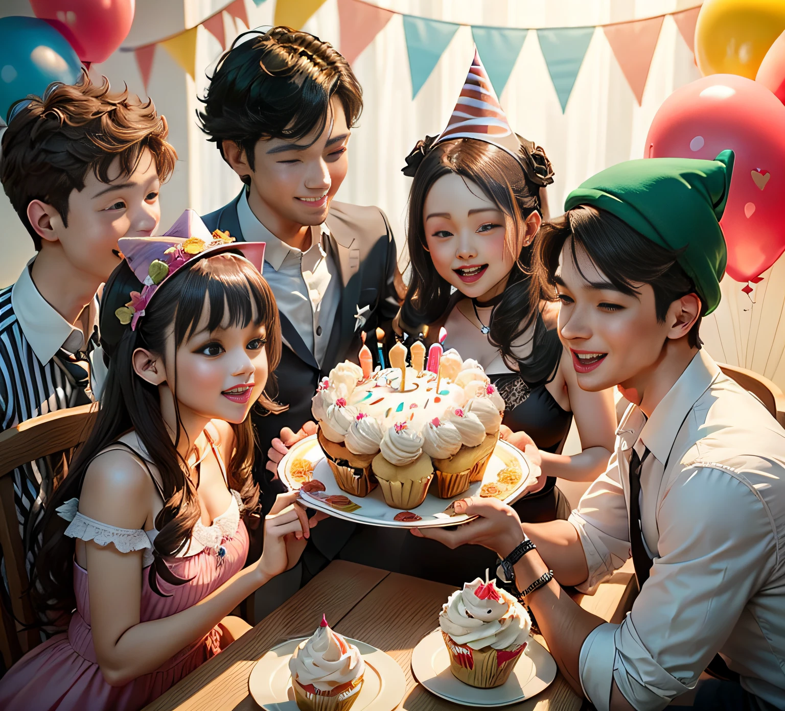 4men,2girls,2boy,birthday,birthday_Party,birthday_Hat,palla,Cupcakes,birthday_Cupcakes,cheerfulness,Kaihuai,cheerfulness_atmosphere,landscape