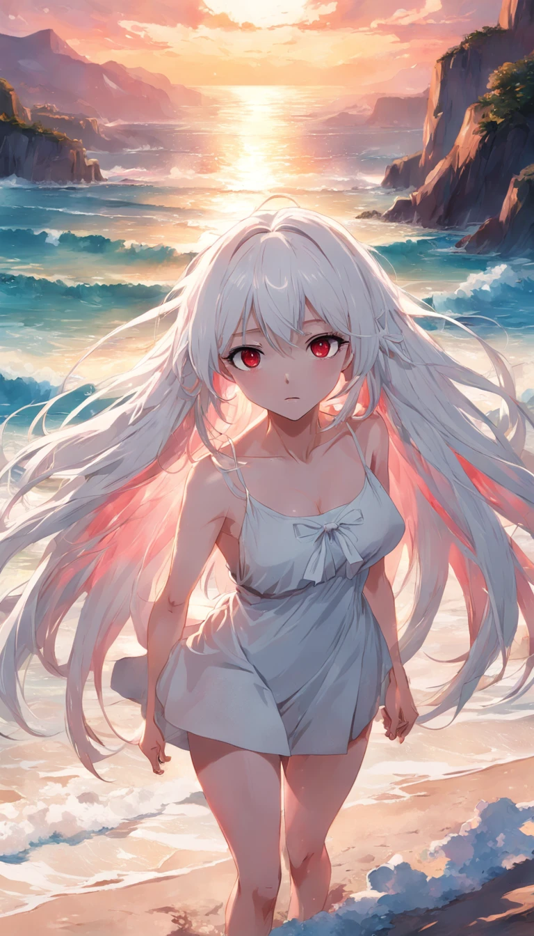 beach，Look up，Long white hair，eventide，red color eyes