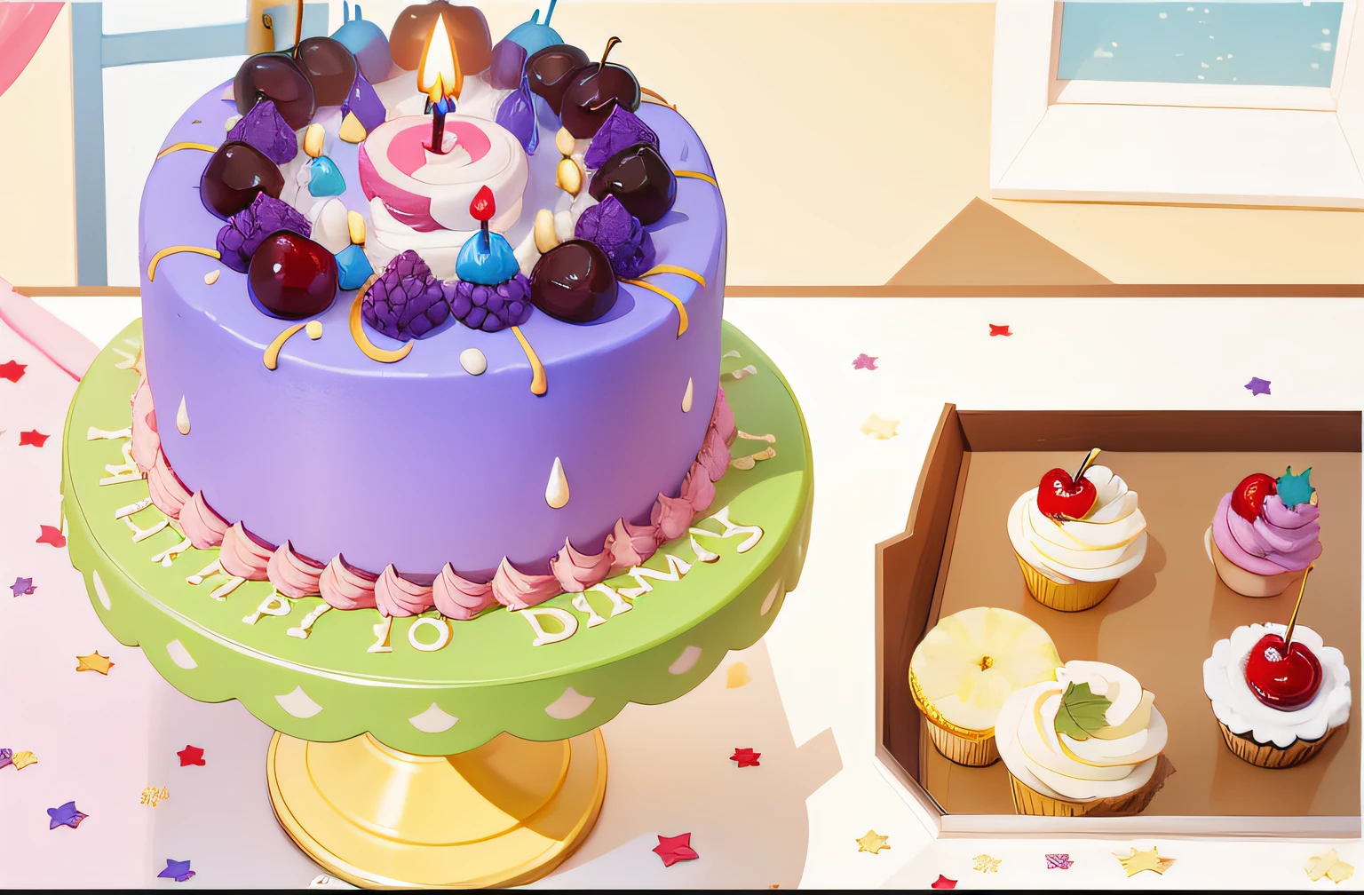 The top of the cake is covered with cherries，blue berry，There is a thin birthday candle in the middle，Exquisite，3Drenderingof