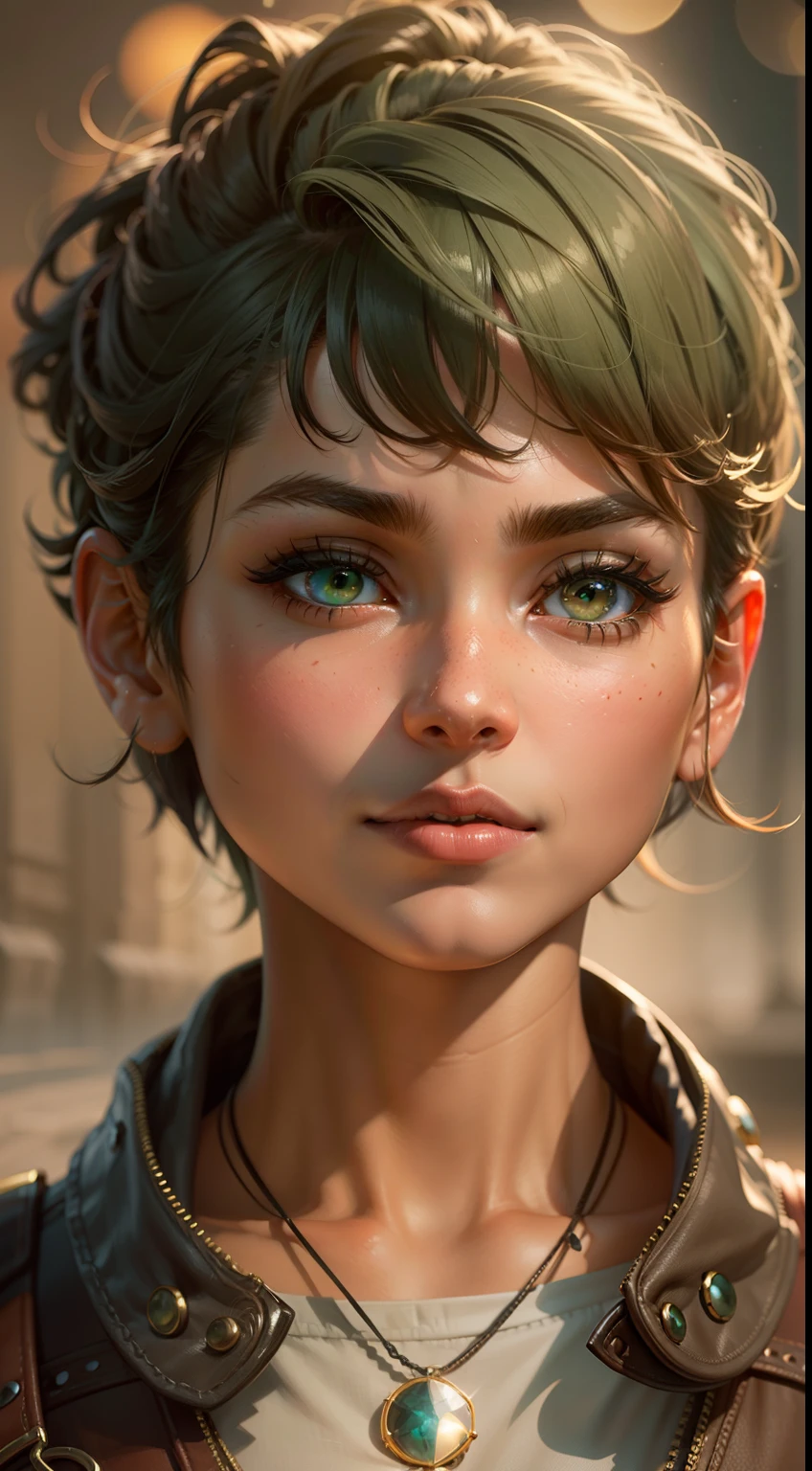 UHD, masterpiece, anatomically correct, super detail, high quality, award winning, best quality, 8k, HD, create a digital artwork depicting a tomboy. The focus of the artwork should be on the character's face and upper body. The character has tan skin, green eyes, and a short pixie style haircut. She is wearing a dark fantasy style casual outfit. The character has a toned, petite body. The character has a no-nonsense flat chest with rounded, subtle amounts of muscle framing it. The background should be set in a dark fantasy world.