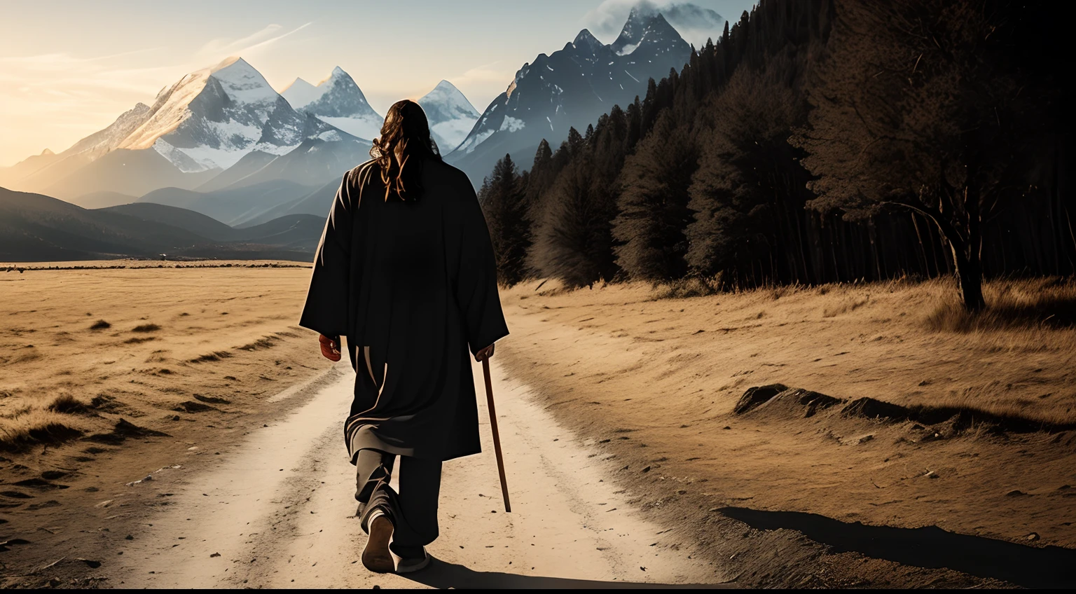 create an image of Jesus Christ walking from the front with a beautiful landscape in the background