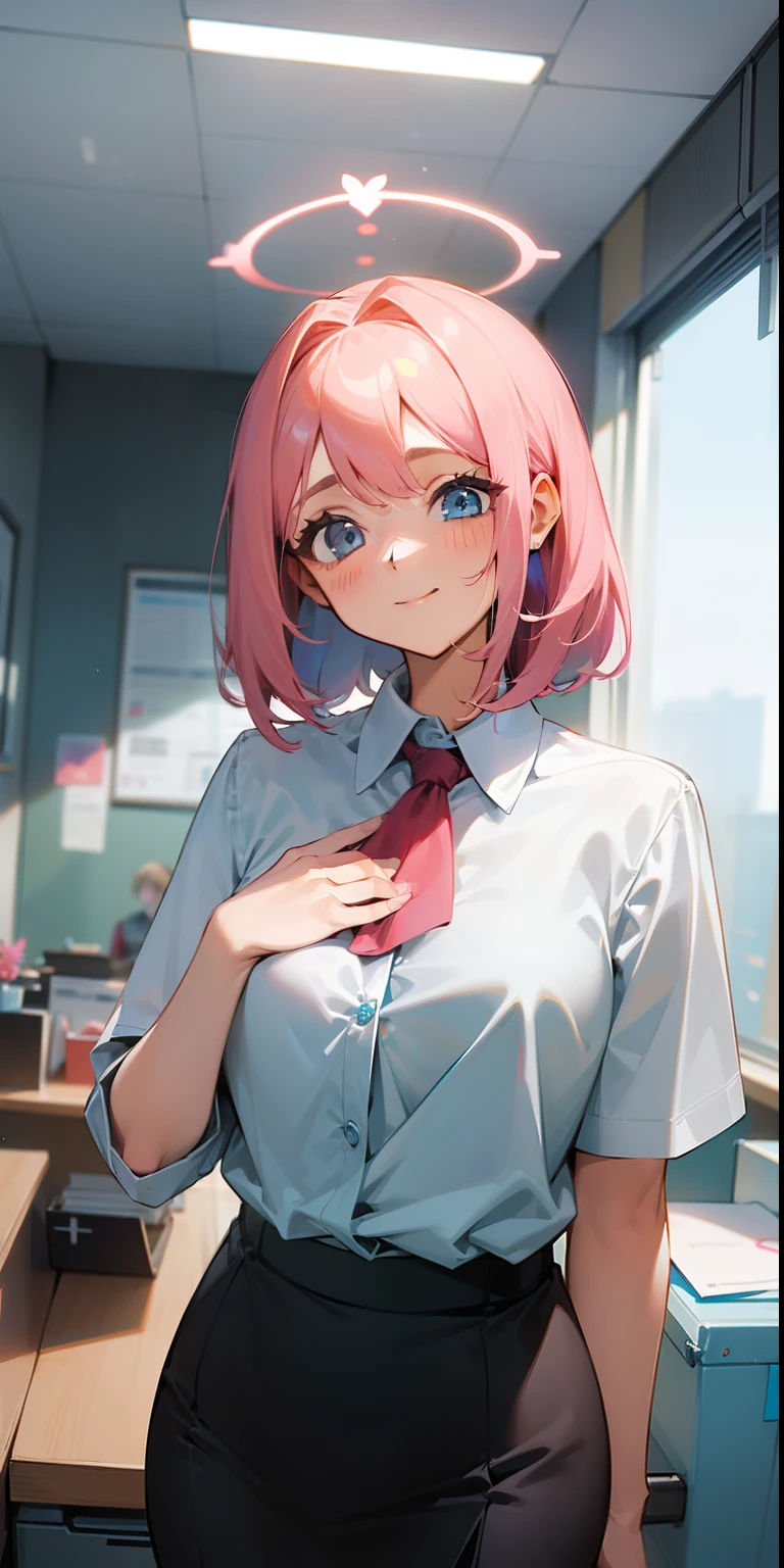 ((obra-prima, melhor qualidade)), (1girl),((matural female)), cabelo rosa claro, halo, chifre, ((office lady)), franja, mid chest, (peituda), magro, sorriso, [quadris largos ],s office,standingn, aru \(arquivo azul\),
 INFO