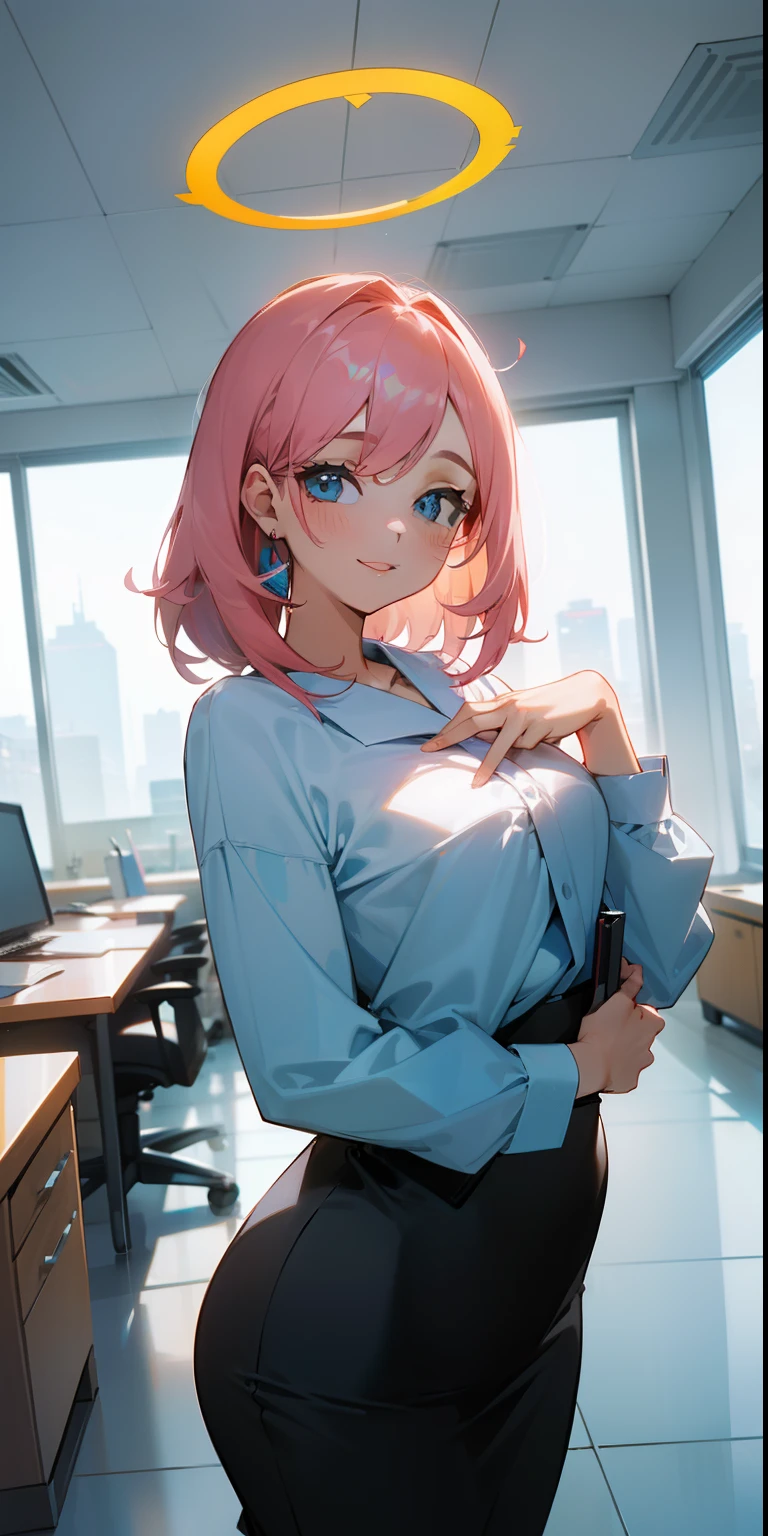 ((obra-prima, melhor qualidade)), (1girl),((matural female)), cabelo rosa claro, halo, chifre, ((office lady)), franja, mid chest, (peituda), magro, sorriso, [quadris largos ],s office,standingn, aru \(arquivo azul\),
 INFO