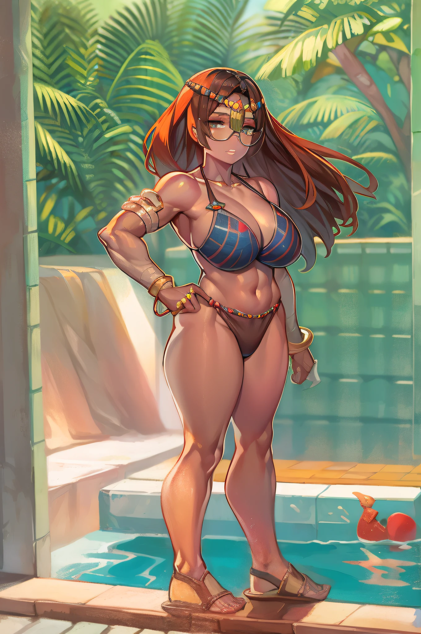  girl, Bikini rojo flaco, muy musculoso, Pelo largo y rojo, gafas, teta enorme, pechos enormes, Oppai Relationship, pelo blanco corto, brown eyes, cintura delgada, enorme, sonriente, cuerpo completosbian, Manos en la cintura, Posa sexy en la piscina，sin ropa interior，desnudez
