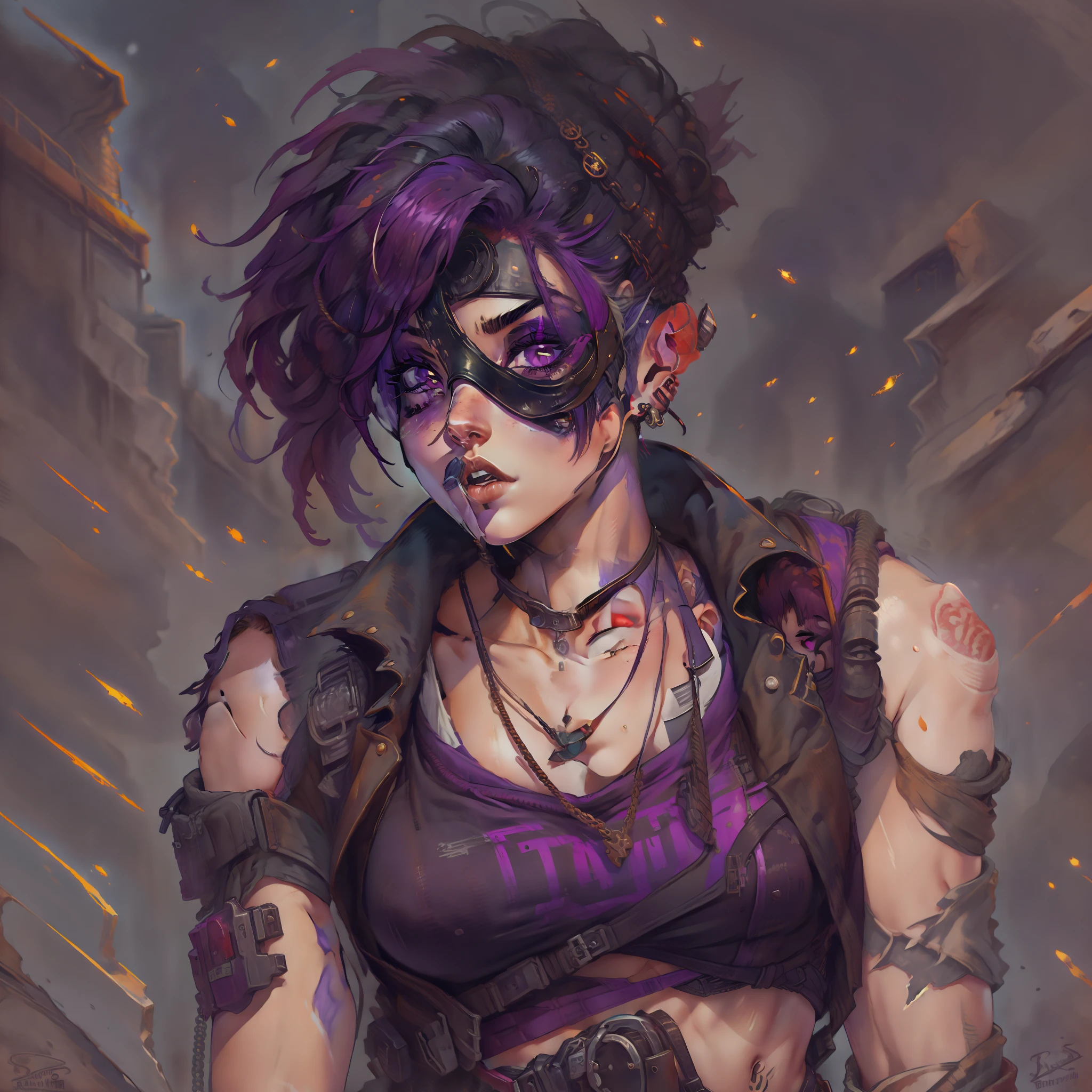 female with short shaved dark purple hair, wearing goggled, villain, wearing casual desert punk clothing, has lower lip stud piercings, muscular, abs visible