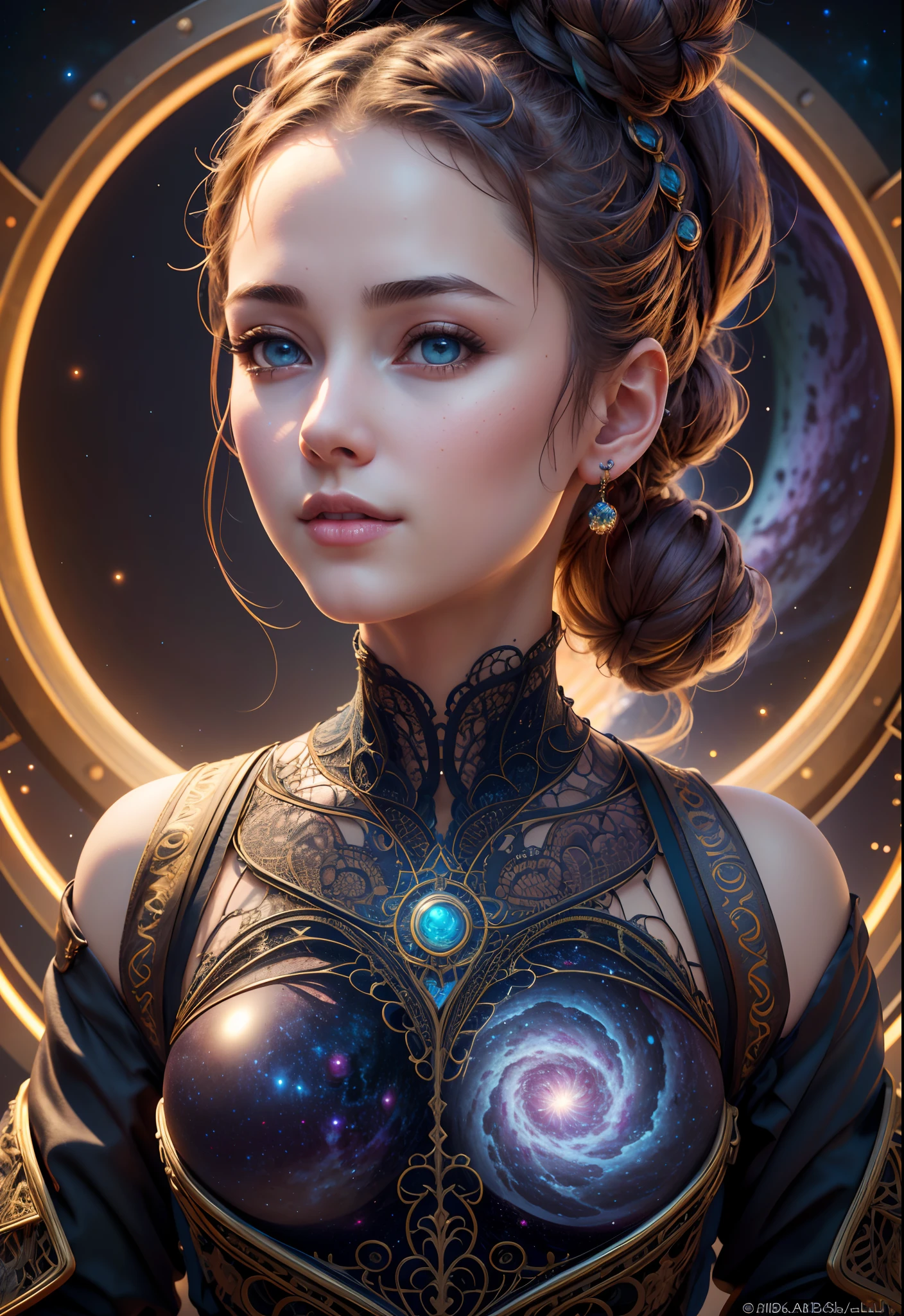 highres, shadows, absurdres, best_quality, ultra_detailed, 8k, extremely_clear, photograph, beautiful, sharp focus, hdr,
[(milky way (electricity, fractal, organic, virus, intricate, cosmic)) | (adult, perfect skin, female, looking away, portrait, upper body, smile, detailed eyes, sensual, stranded, beautiful light, hair bun) : 0.4], (highres, masterpiece, perfect lighting, bloom, cinematic lighting), Portfolio piece, RSEEmma, art by Jordan Grabuloski and Iskra Grabuloska, (intricate details:1.4)