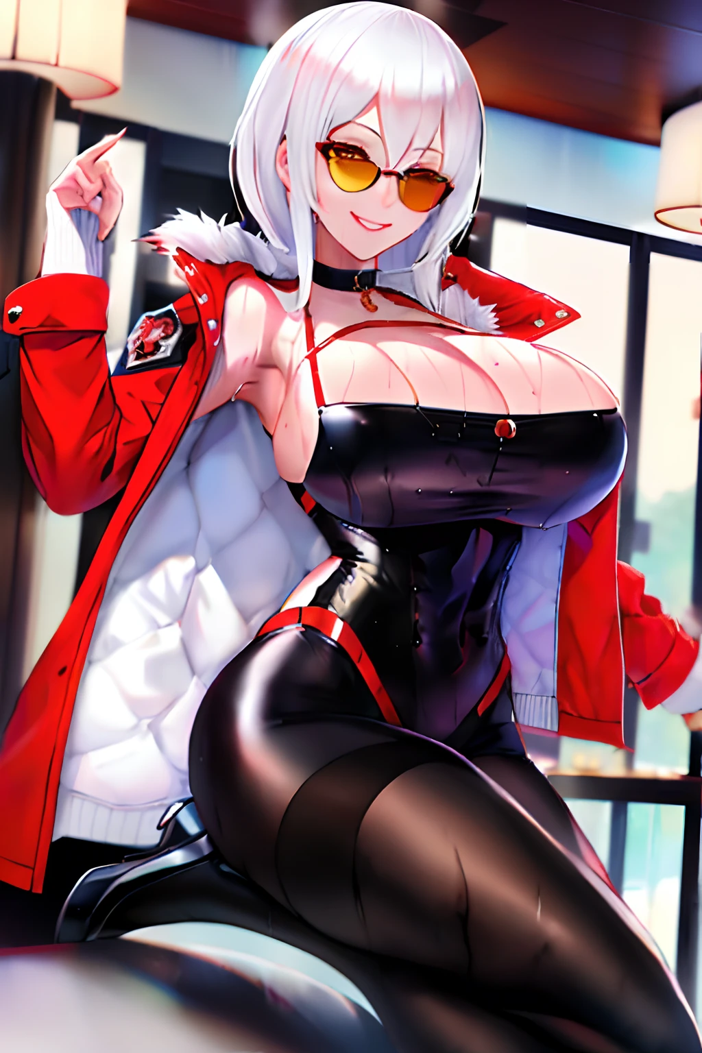 ((masutepiece)), (Best Quality), (Detailed), (1 girl), White hair, Ron Hare, Sunglasses on the head, Big breasts, Red jacket, ripped bodystocking, Black shock, Black bra, Chest Chain, Yellow eyes, Black strings, White socks, Red shoes, (Wet body)、Hotel Bets、Provocative smile、Provoking poses、Fornication、Lower grade、