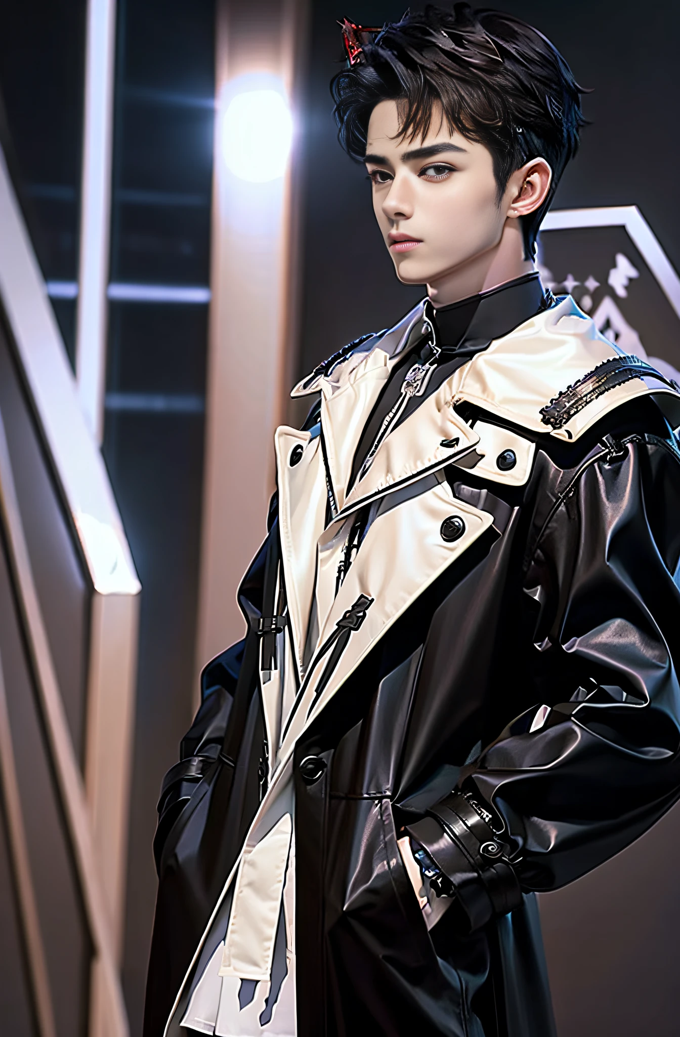 Handsome 18 year old boy, Natural expression, Cat ears,,nightcity,Sateen,Manteau,Hands in pockets textured skin, Best quality