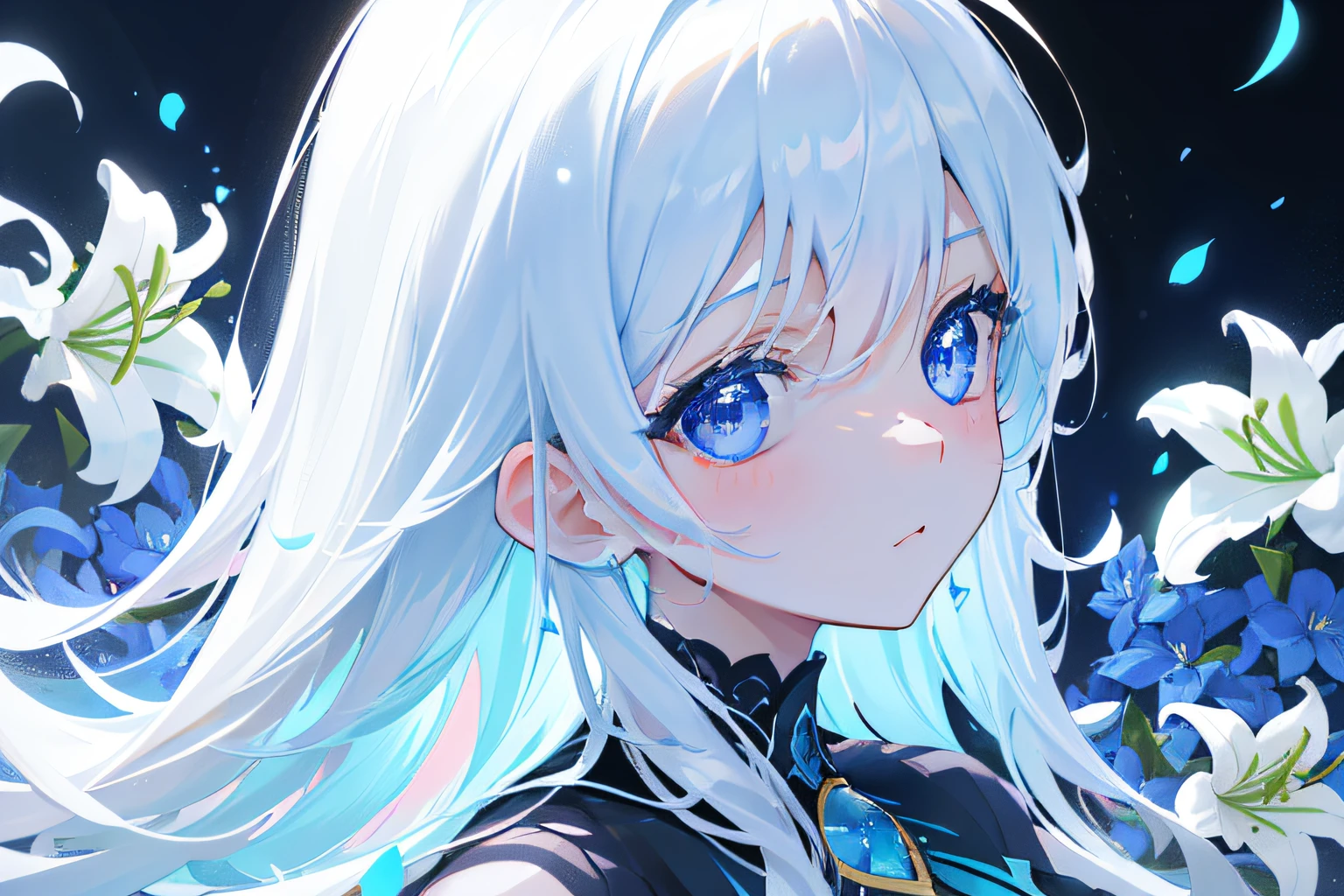 Close up of a cute girl,Perfect face,Refined face,{{Bright huge blue eyes:3}},There are white lilies around,Black silk flowing hair,Cinematic lighting,lightand shade contrast,Shining Effect,style of anime,anime big breast,8k,high qulity,hyper-high detail,Skin texture,tmasterpiece。