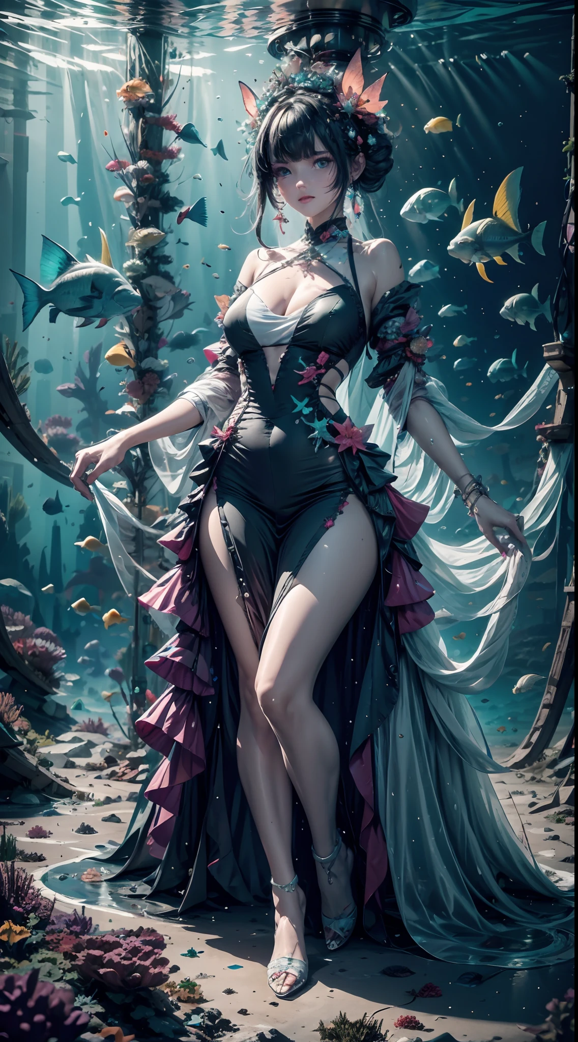 1girl,Wearing a dress，Fantasy dresses，complex dress，dynamicposes，In a mysterious underwater space，Colorful world，jelly fish，The fish，Magical aquatic creatures，with light glowing，

absurderes,  unbelievable Ridiculous,  Ultra-detailed, A high resolution, Extremely detailed,

best qualtiy，tmasterpiece，Artistically，fanciful，C4D render,