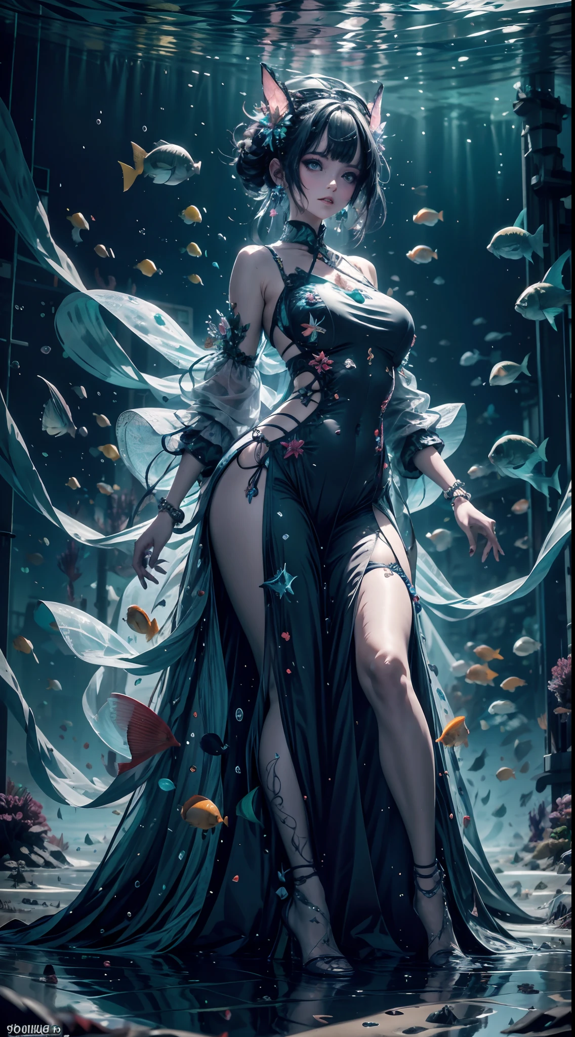 1girl,Wearing a dress，Fantasy dresses，complex dress，dynamicposes，In a mysterious underwater space，Colorful world，jelly fish，The fish，Magical aquatic creatures，with light glowing，

absurderes,  unbelievable Ridiculous,  Ultra-detailed, A high resolution, Extremely detailed,

best qualtiy，tmasterpiece，Artistically，fanciful，C4D render,