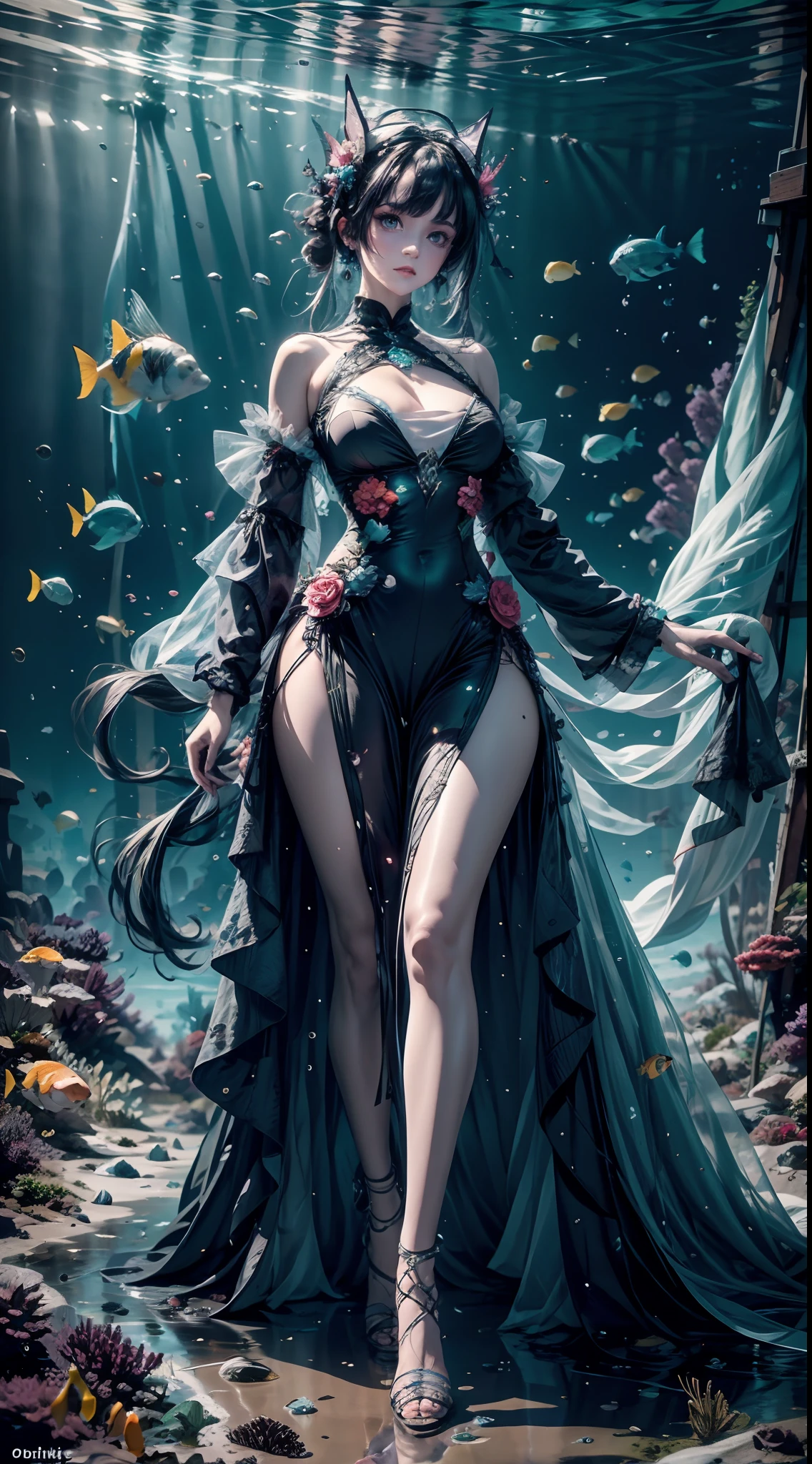 1girl,Wearing a dress，Fantasy dresses，complex dress，dynamicposes，In a mysterious underwater space，Colorful world，jelly fish，The fish，Magical aquatic creatures，with light glowing，

absurderes,  unbelievable Ridiculous,  Ultra-detailed, A high resolution, Extremely detailed,

best qualtiy，tmasterpiece，Artistically，fanciful，C4D render,